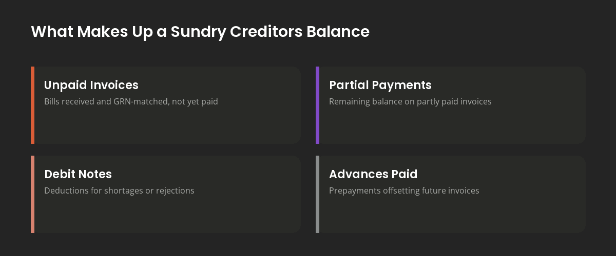 Breakdown of what makes up a sundry creditors balance: unpaid invoices, partial payments, debit notes and advances