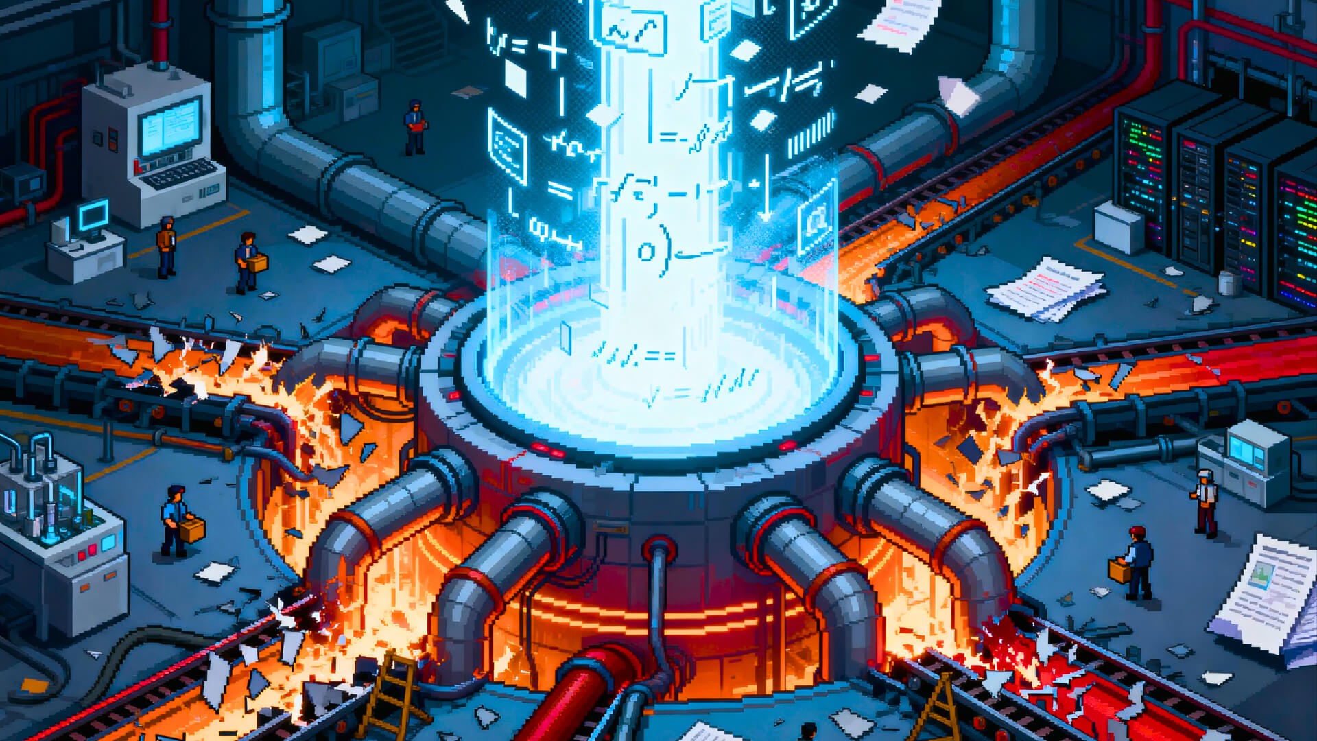 Pixel-art illustration of a powerful AI research reactor generating streams of data and equations, while surrounding industrial pipelines clog, crack, and overheat—showing intelligence working but execution systems failing under load.