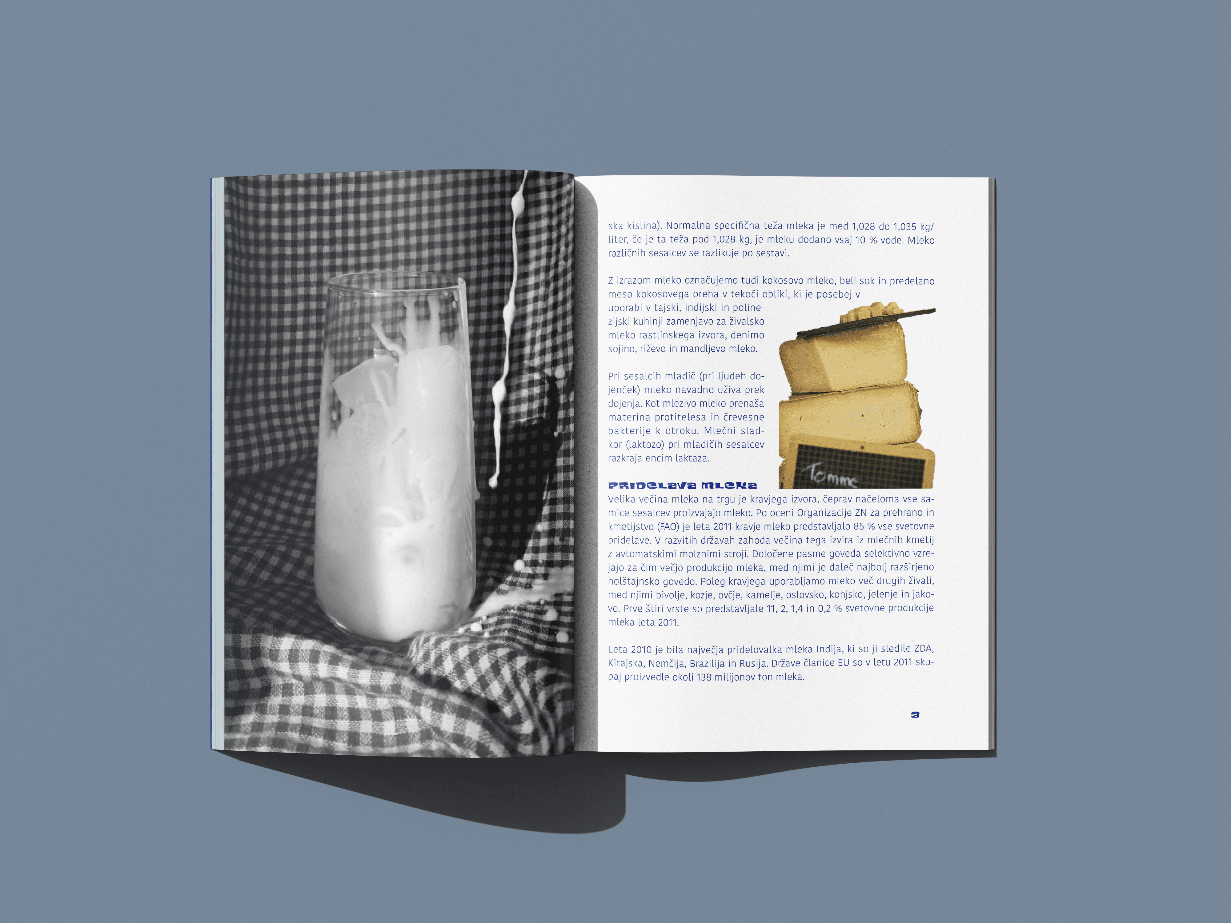 Brochure spread with a glass of milk and stacked cheese alongside text about milk production.