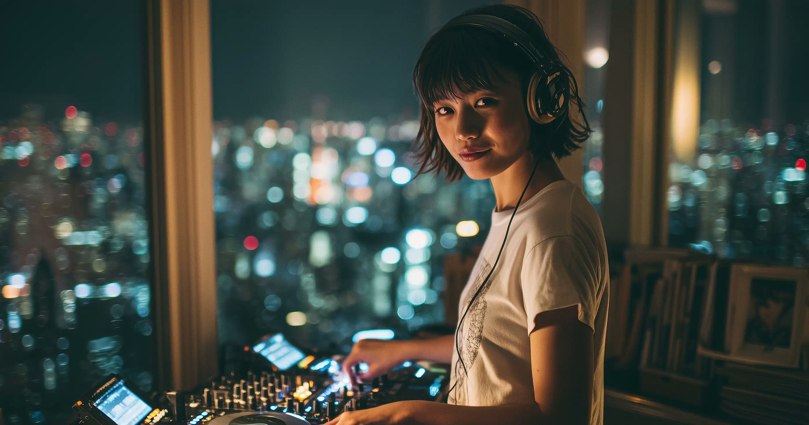 A female dj in a studio overlooking the night skyline of a big city