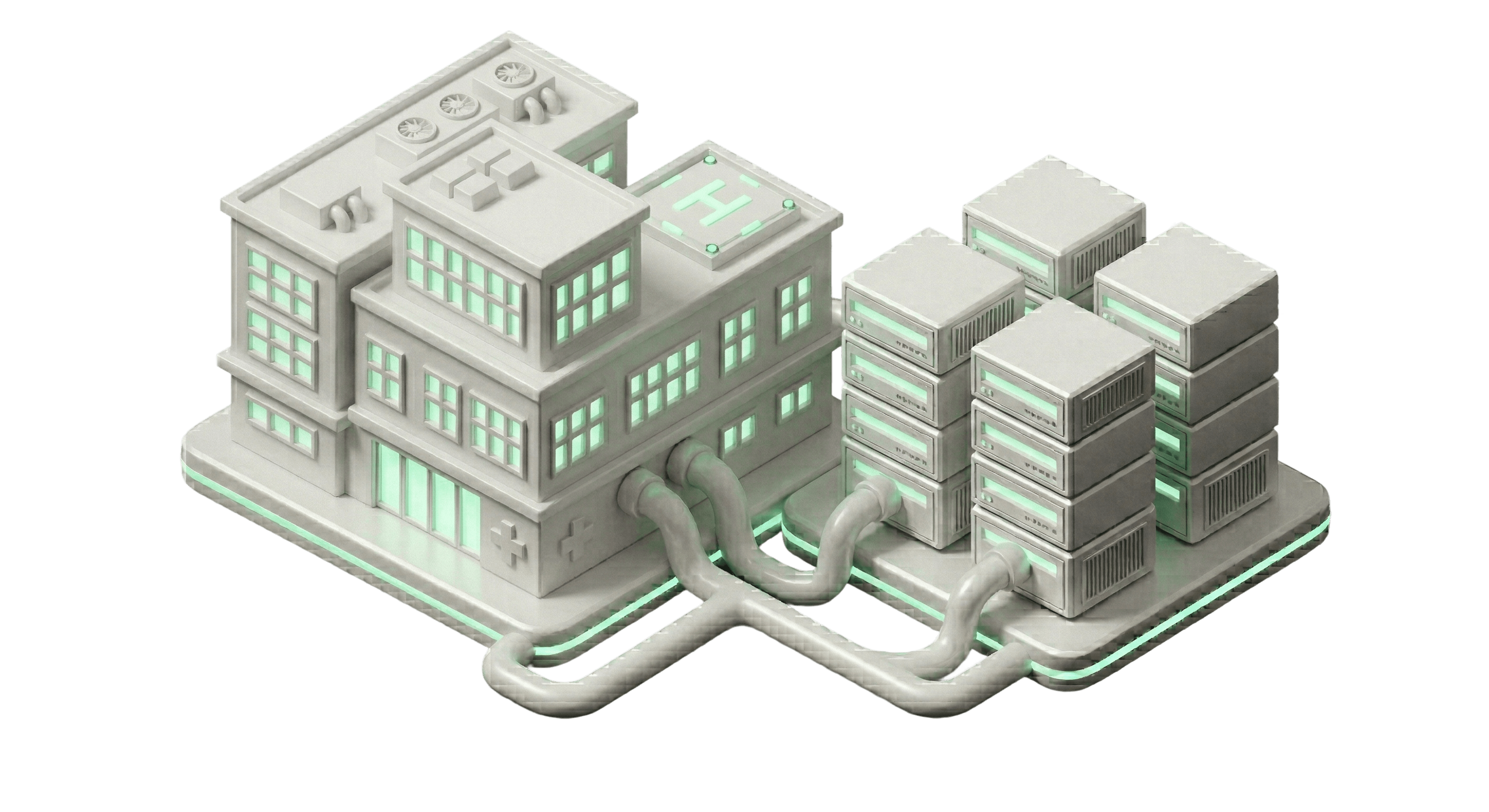 3D rendered isometric white hospital and server farm icon connected by glowing green pipes, symbolizing healthcare data management, health tech infrastructure, and secure medical automation.