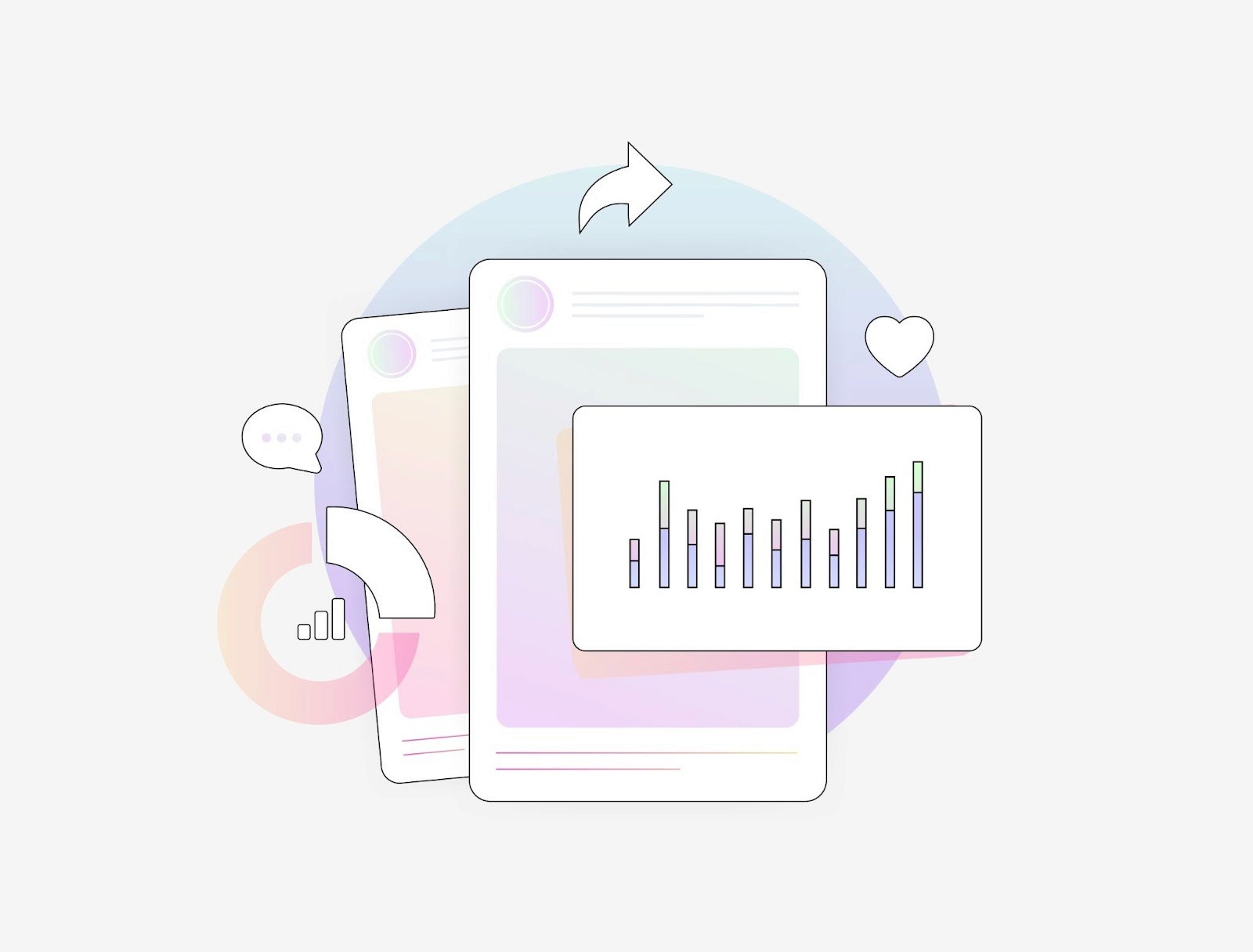 Influencer campaign performance analytics dashboard with social engagement metrics and bar charts