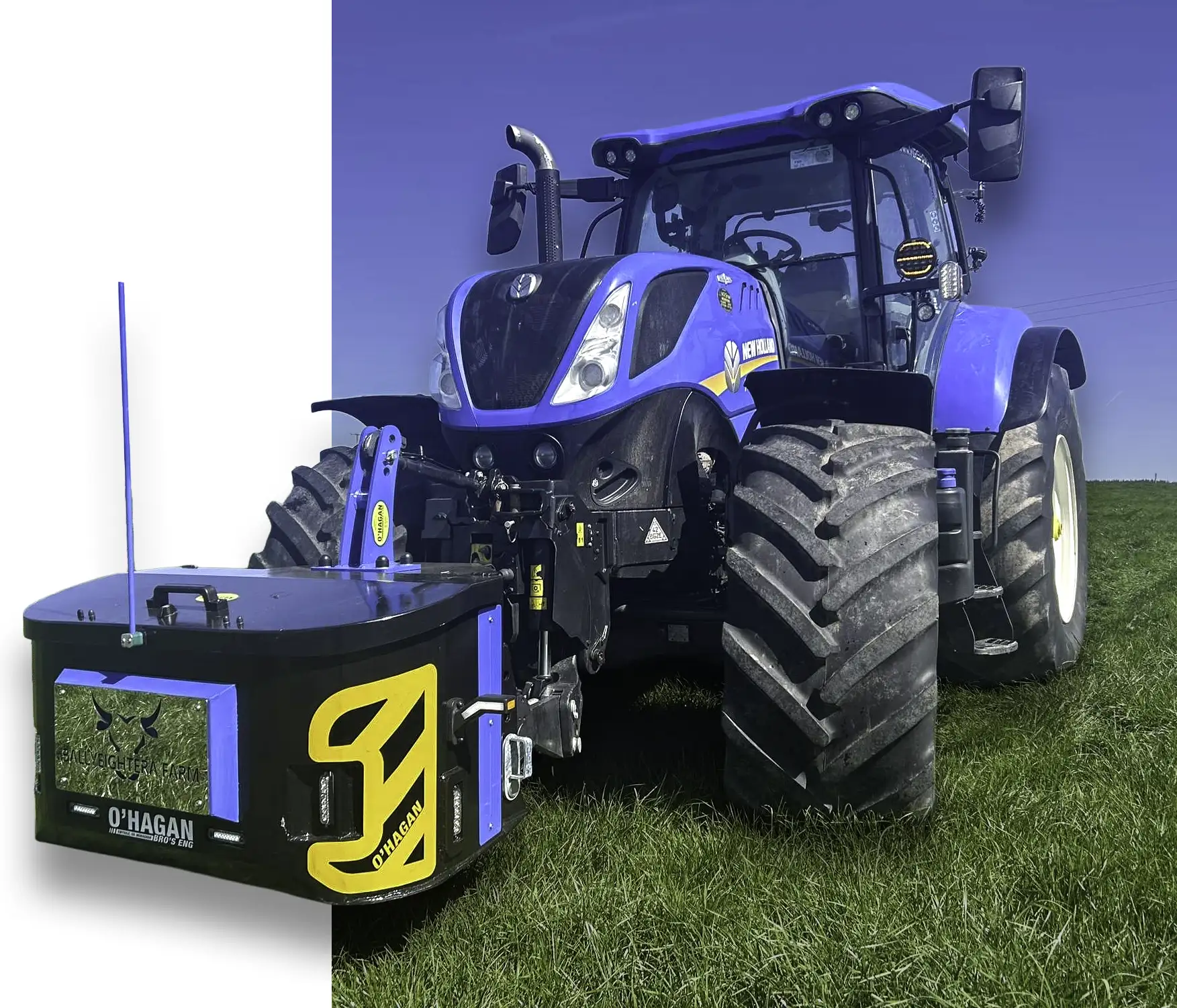 Blue New holland tractor with black work box atttached with silver custom name plate and blue sight pole attached sitting in green grass field with blue sky in background