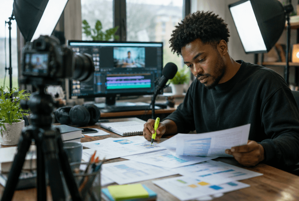 Video marketer reviewing printed audience reports with a highlighter