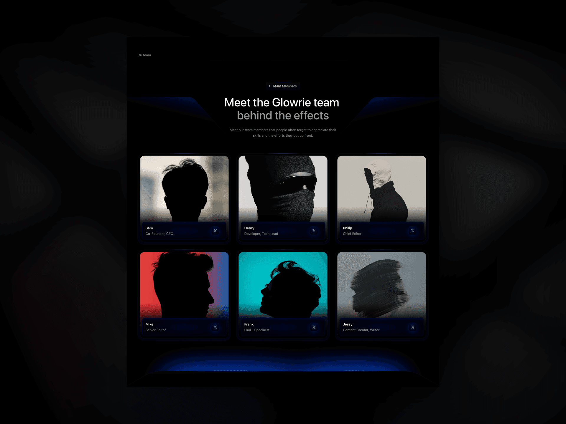 Glowrie, a premium template in Framerstacks for portfolio, agencies, and Saas. This is the team section of the website template.