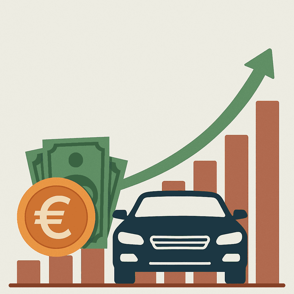 Car price increase illustration with chart, money and euro coin