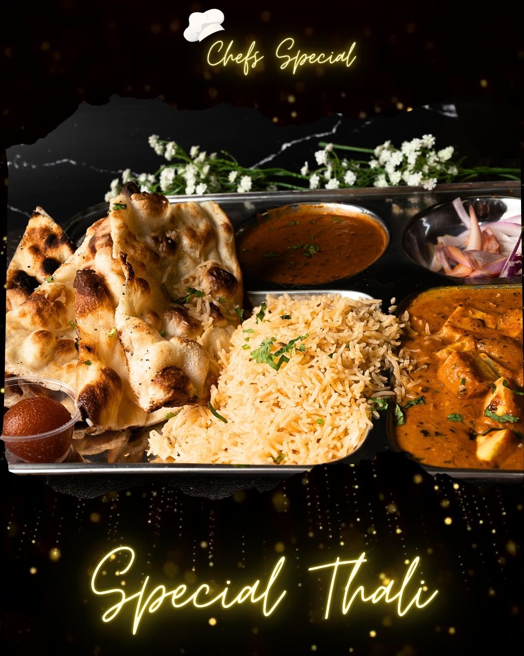 Special North Indian Thali platter with curry, rice, naan and sides — Ustaad G76