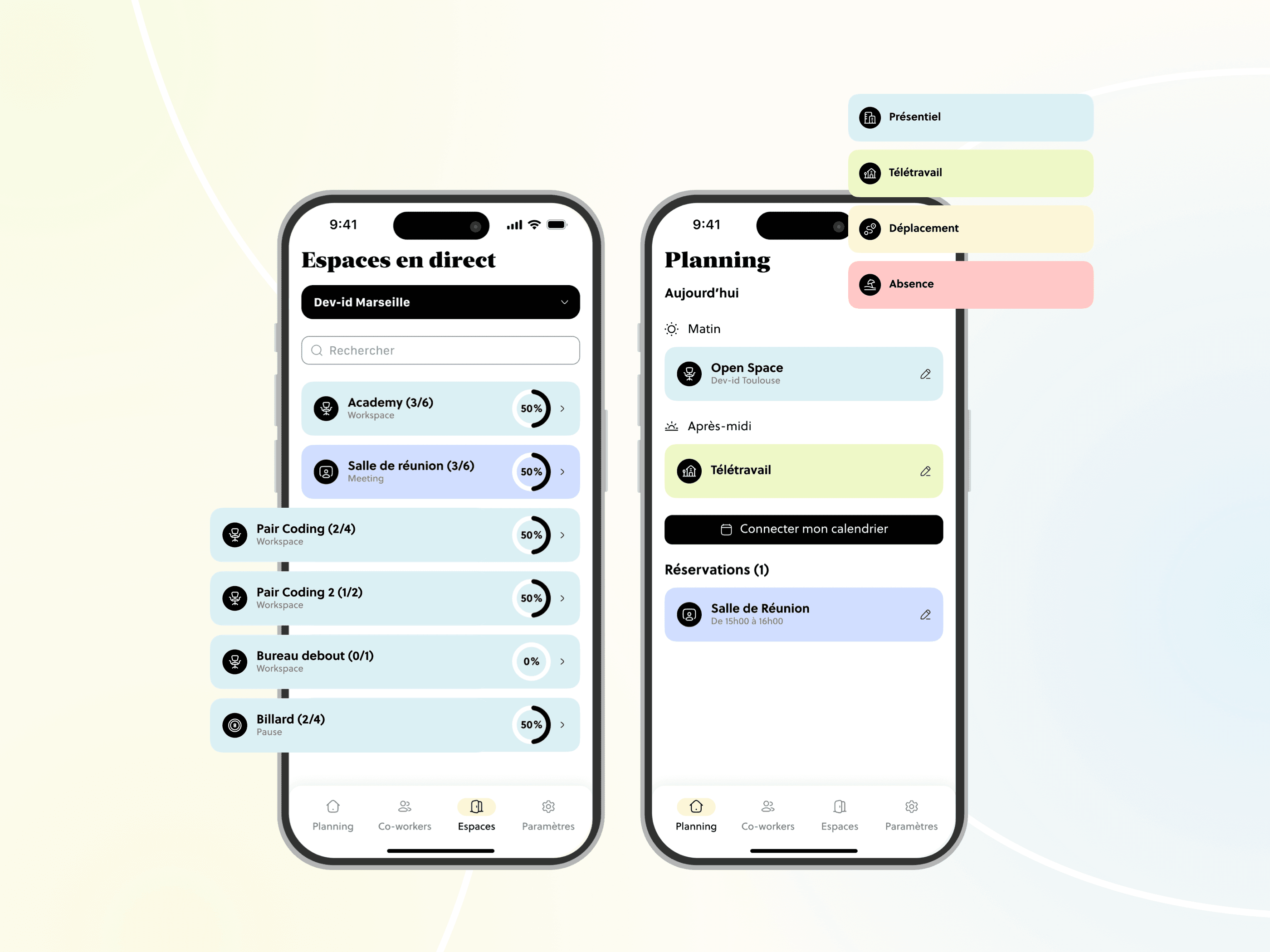 Interfaces mobiles montrant la gestion d’espaces de travail et le planning avec réservations.