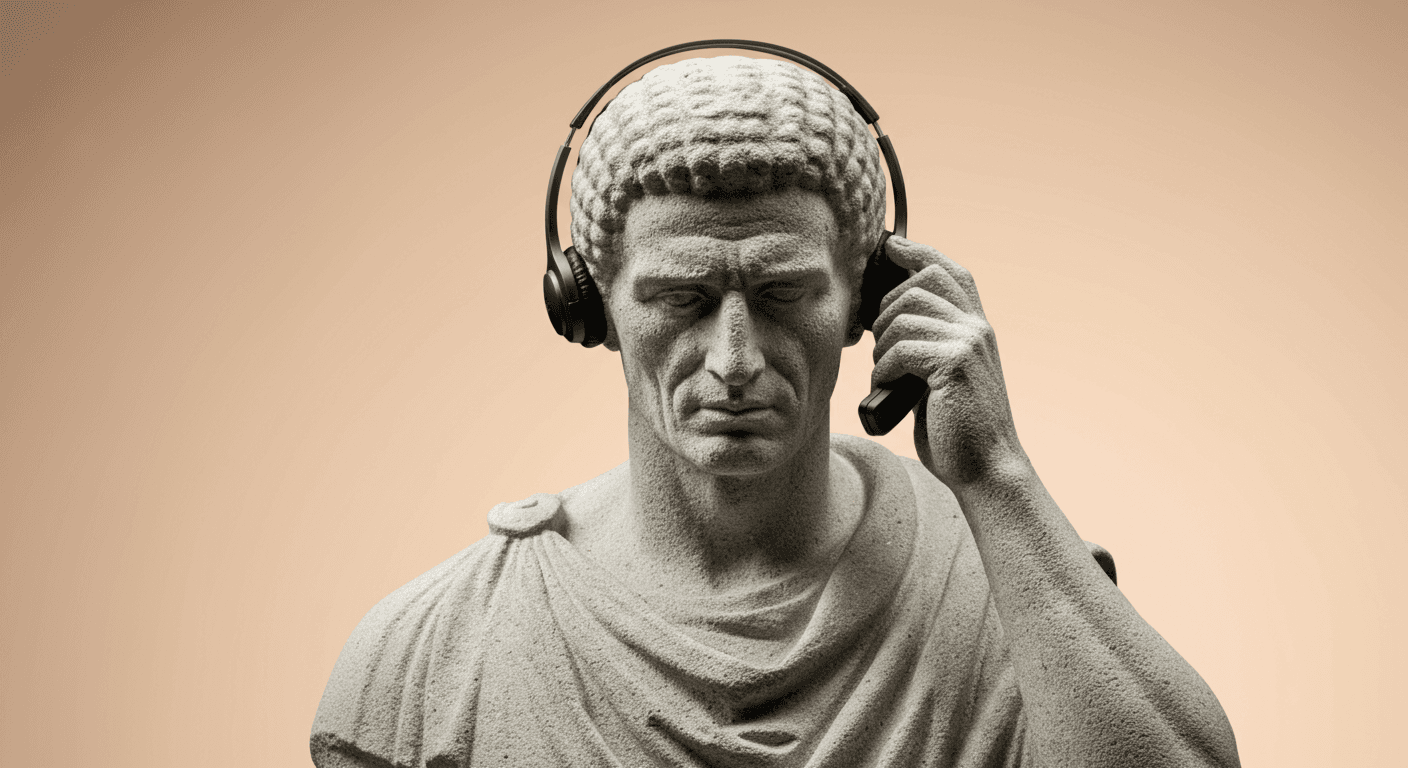 A roman statue of a man wearing a modern call headset