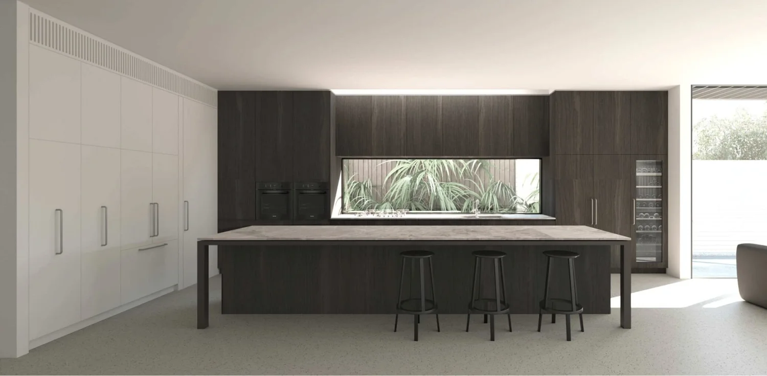 Modern minimalist kitchen design with dark cabinets, large island, and sleek seating.
