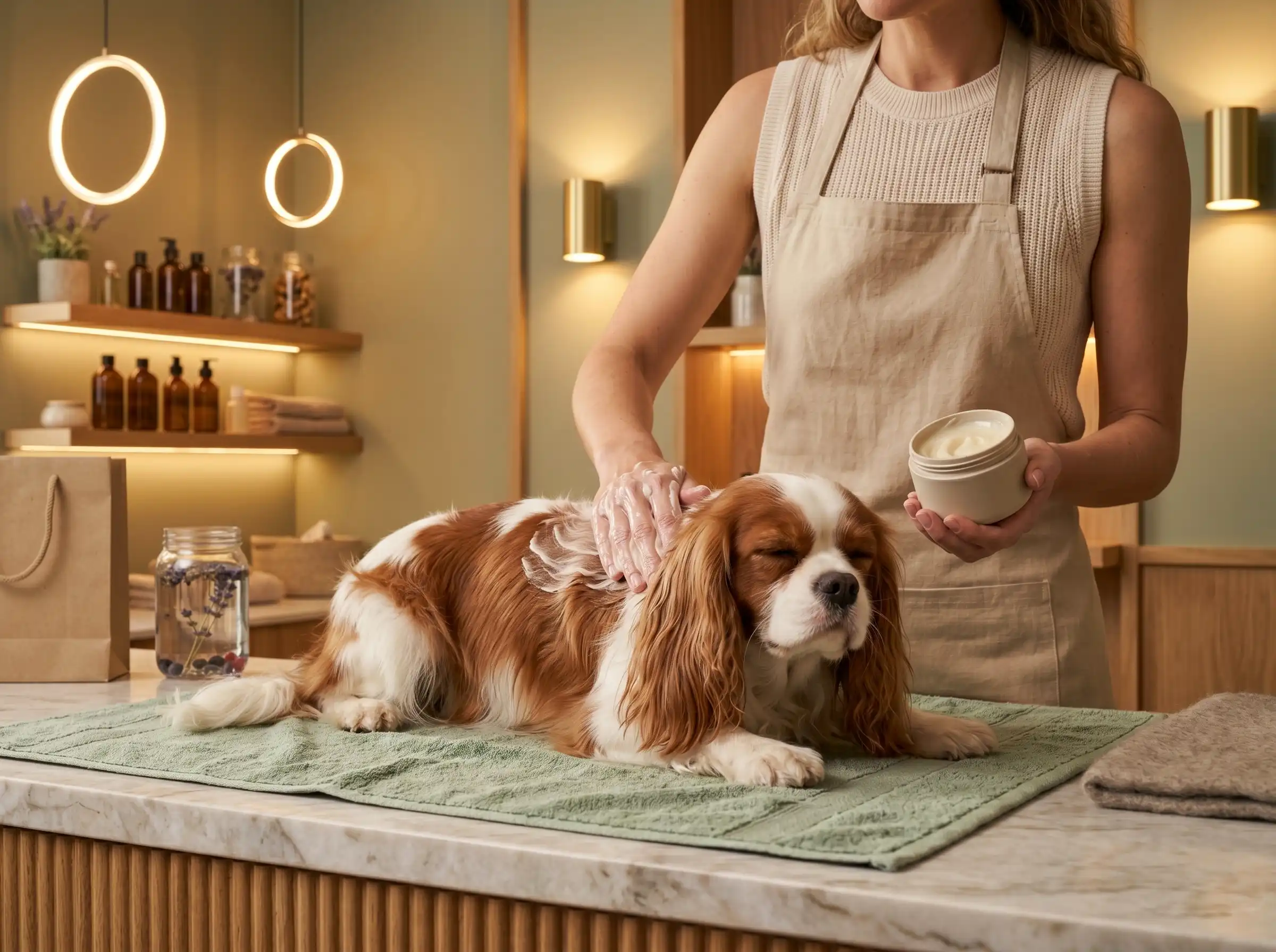A dog’s coat being conditioned to improve softness and shine.