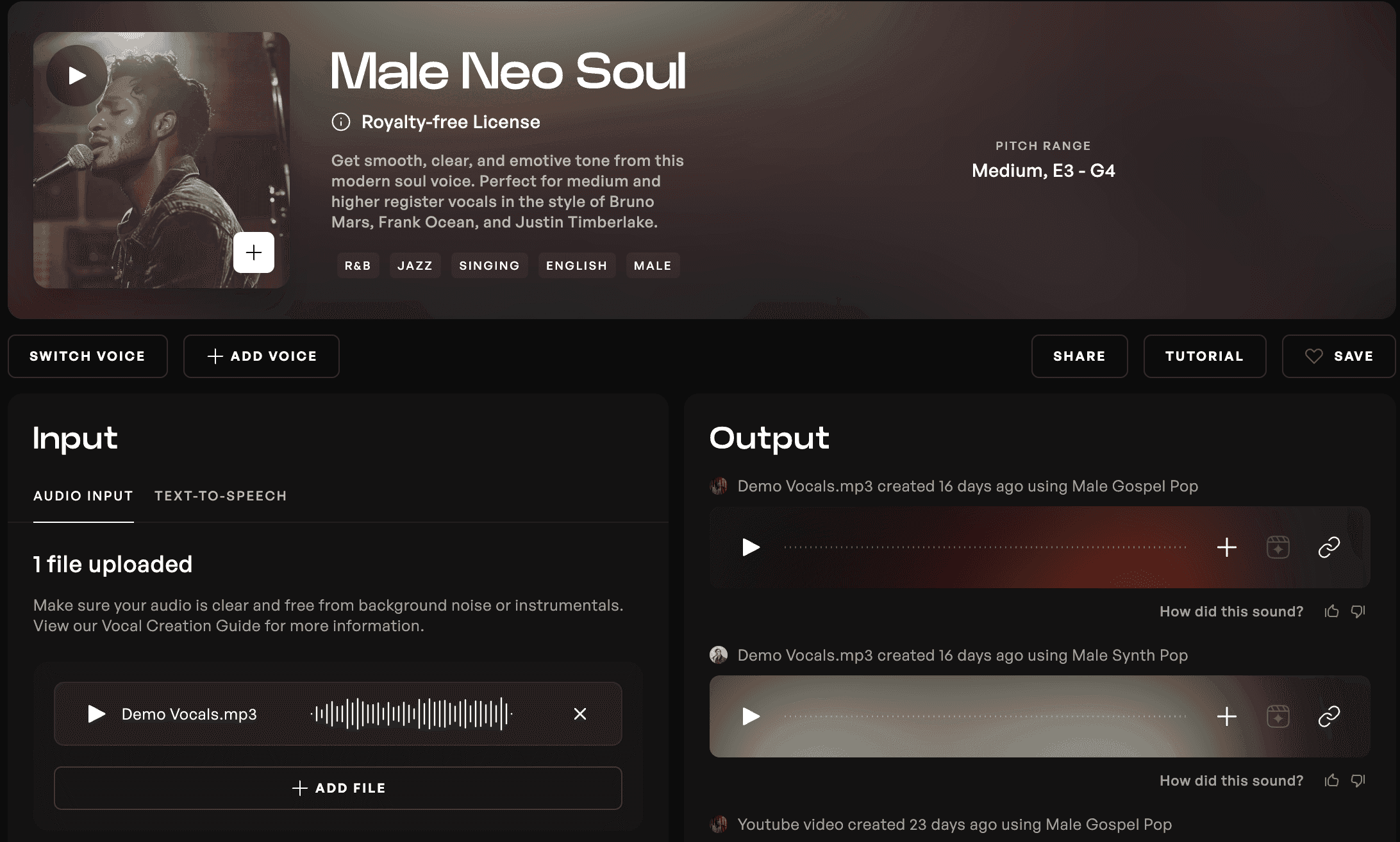 Conversion page on Kits AI with the Male Neo Soul model selected