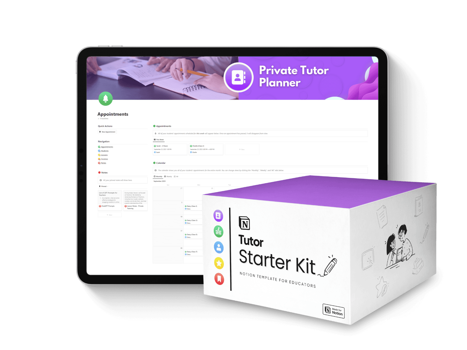 Laptop mockup displaying the interface of the Private Tutor Planner Notion Template, alongside a software box mockup featuring the Notion4Teachers logo. This comprehensive solution is designed for organizing private teaching resources, lesson plans, and schedules with ease.