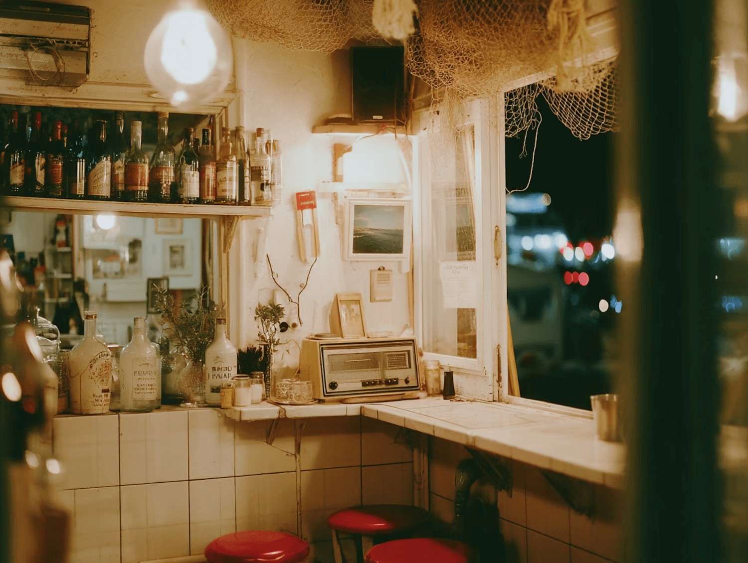 Warmly lit bar interior with vintage decor