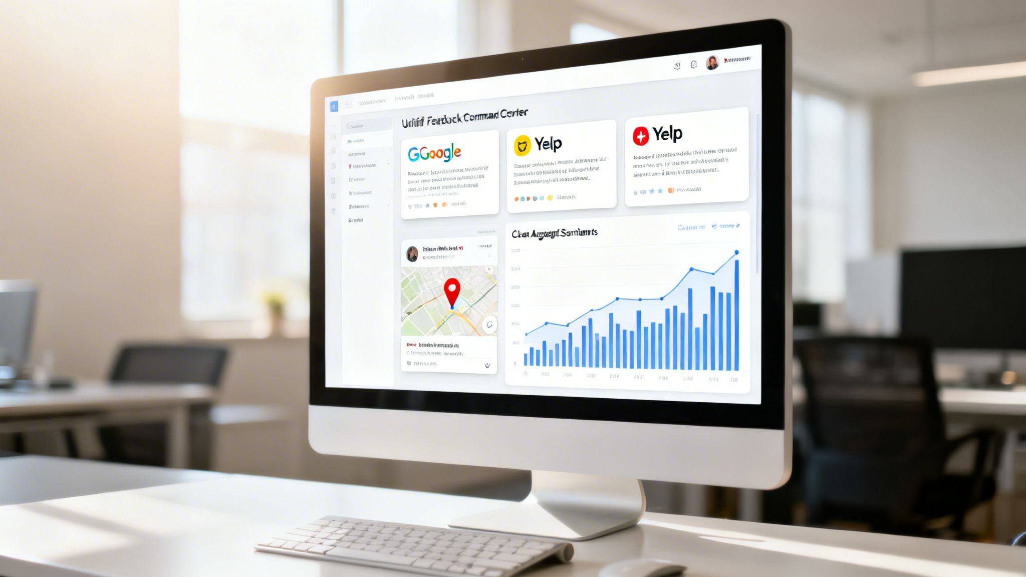 Dashboard on computer monitor displaying Unifii Feedback Command Center with customer reviews and data.