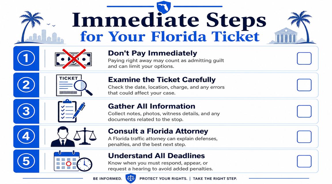 An infographic titled Immediate Steps for Your Florida Ticket outlining five key actions for drivers receiving citations.
