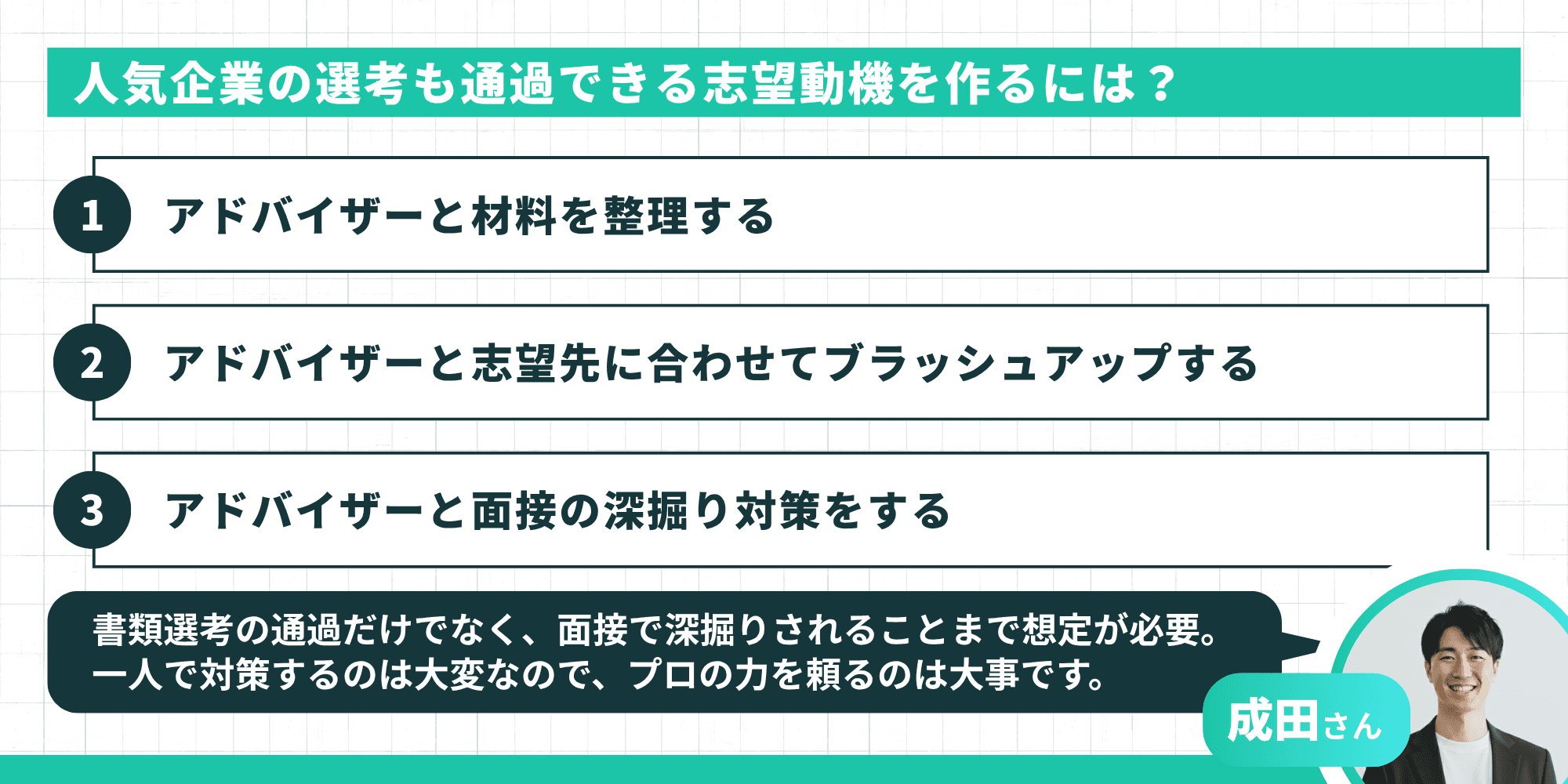 人気企業の選考も通過できる志望動機を作るには｜①アドバイザーと材料を整理する②ブラッシュアップする③面接の深掘り対策をする