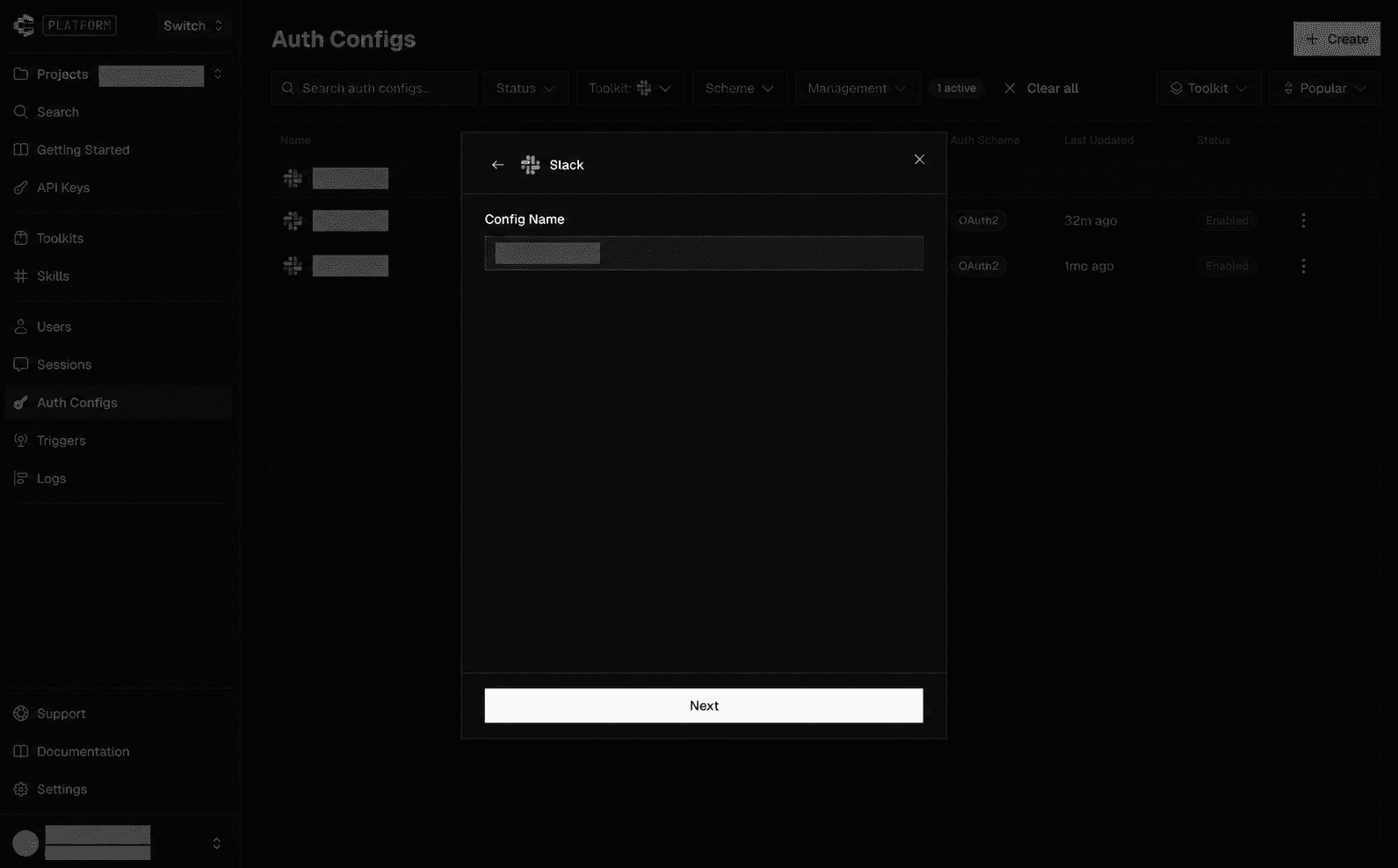 Enter auth config name