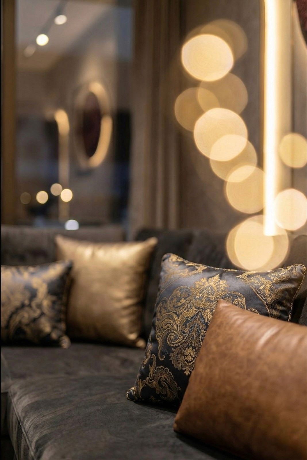 Vintage-modern living room with tufted sofas, false ceiling, and layered warm lighting.