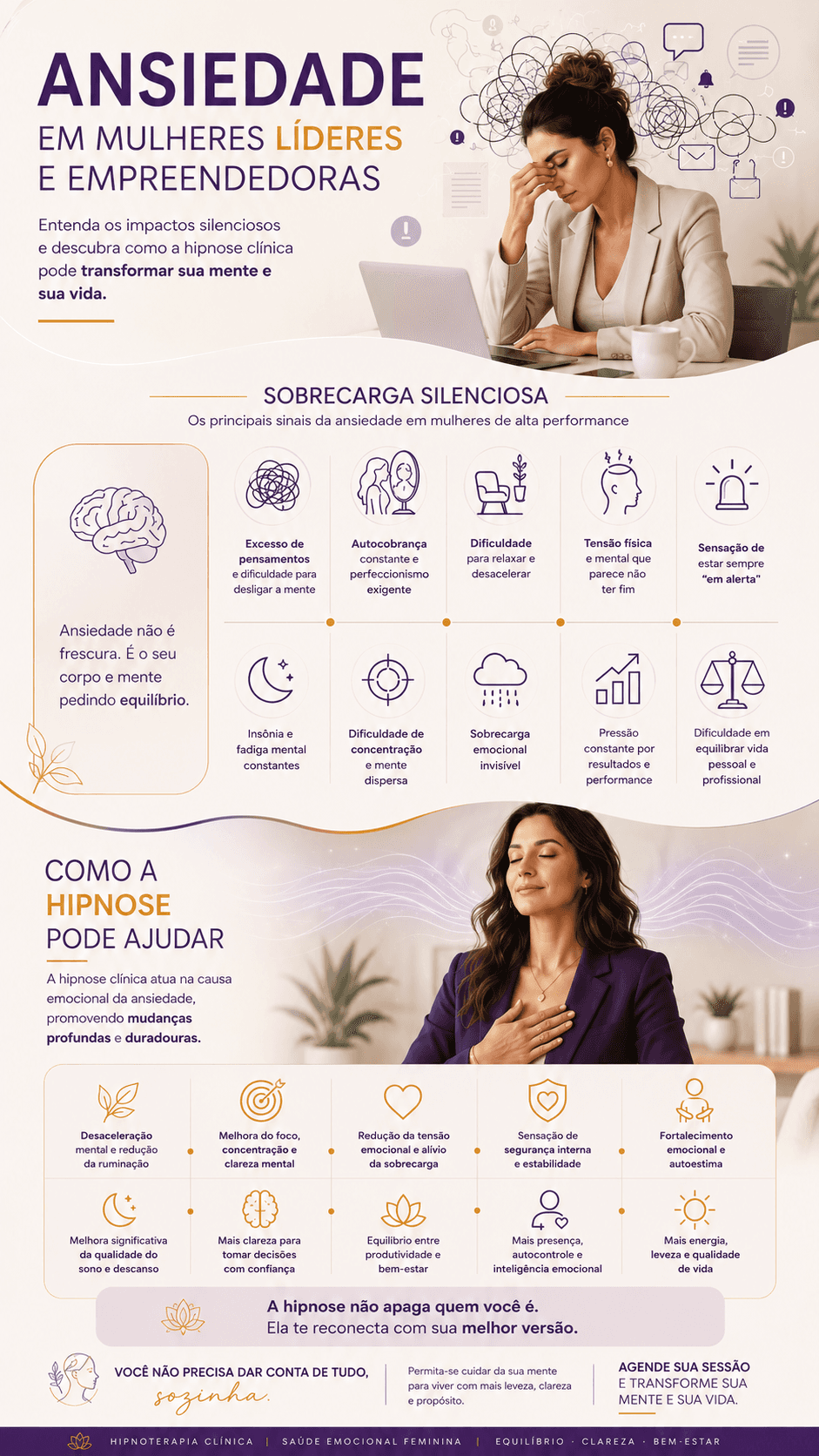 Infográfico sobre ansiedade em mulheres líderes e empreendedoras e os benefícios da hipnose clínica.