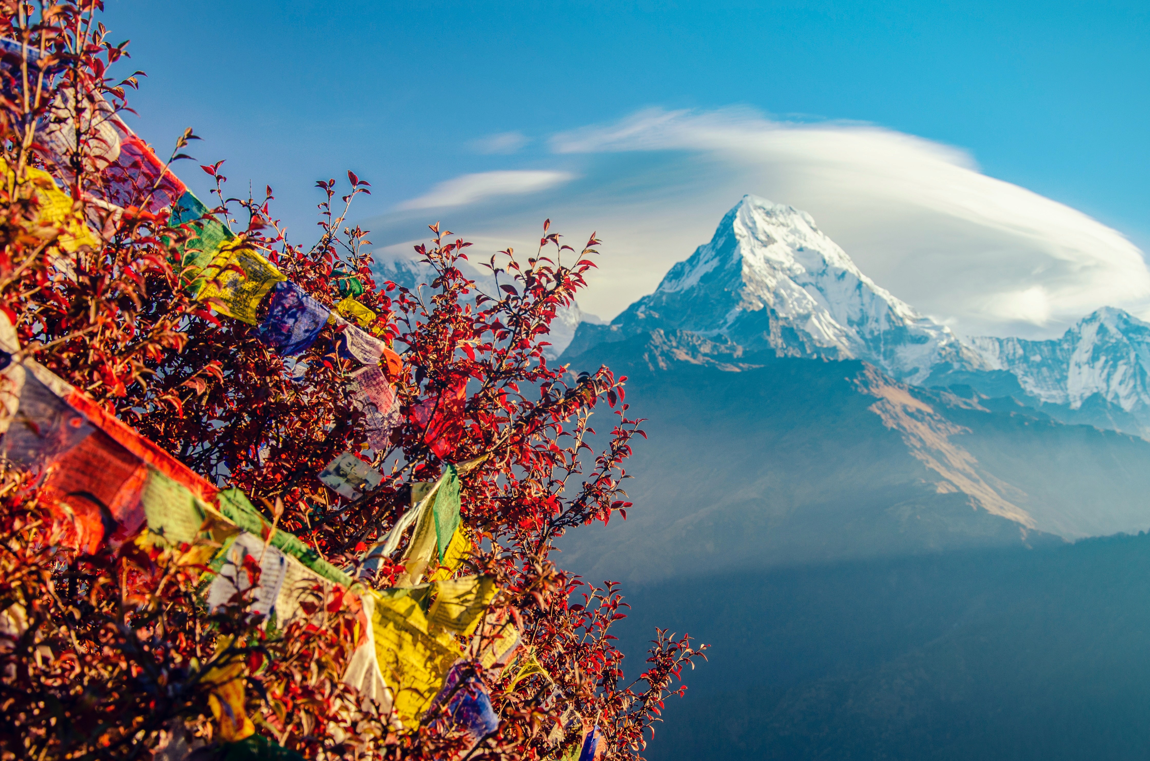 Gebetsfahnen und Mount Everest als Symbol für Meditation