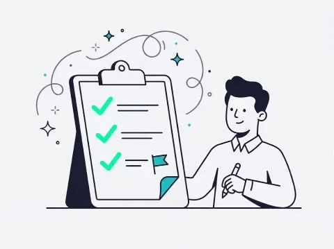 Illustration of a person beside a checklist with three ticks and one flag