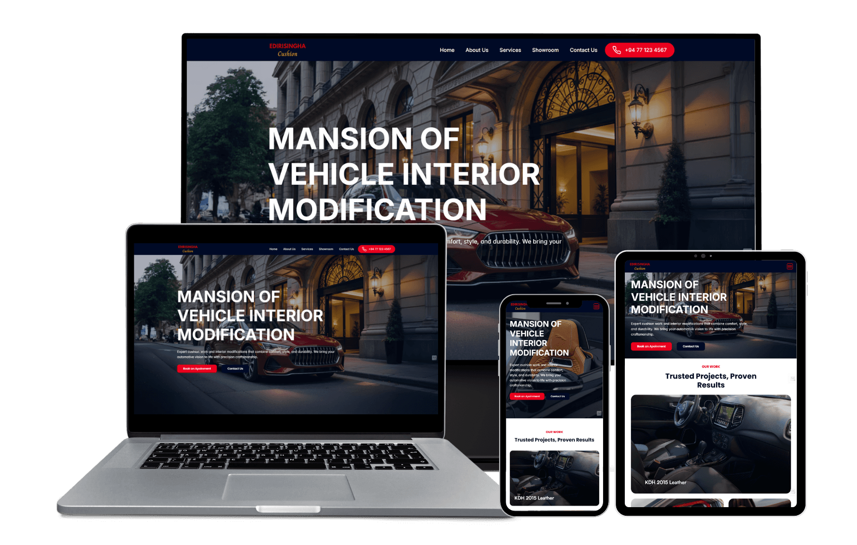 “Responsive website design for a luxury vehicle interior modification company showcasing elegant visuals across desktop, tablet, and mobile screens — an example of how professional web design can improve user engagement and achieve higher ranking my website in Google Search.”