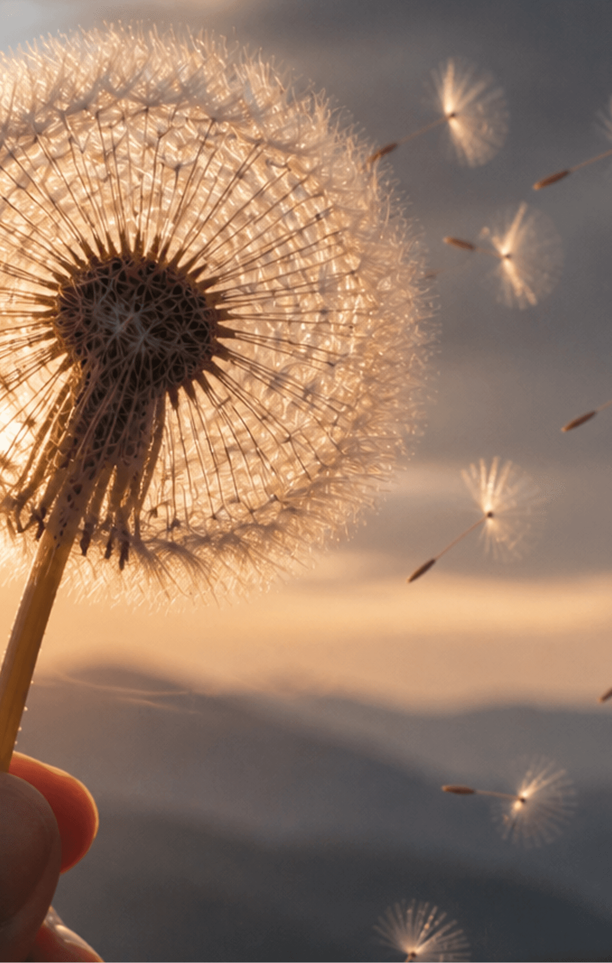 Side view of hand holding glowing dandelions with rainbow lens flares against a dark background.