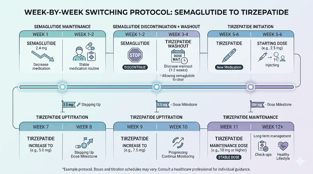 Step by step semaglutide to tirzepatide switching protocol timeline and dosing schedule