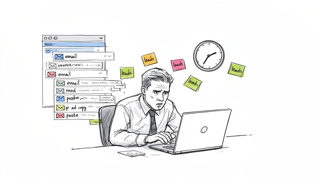 A stressed man is overwhelmed by emails and 'leads' sticky notes while working on his laptop.