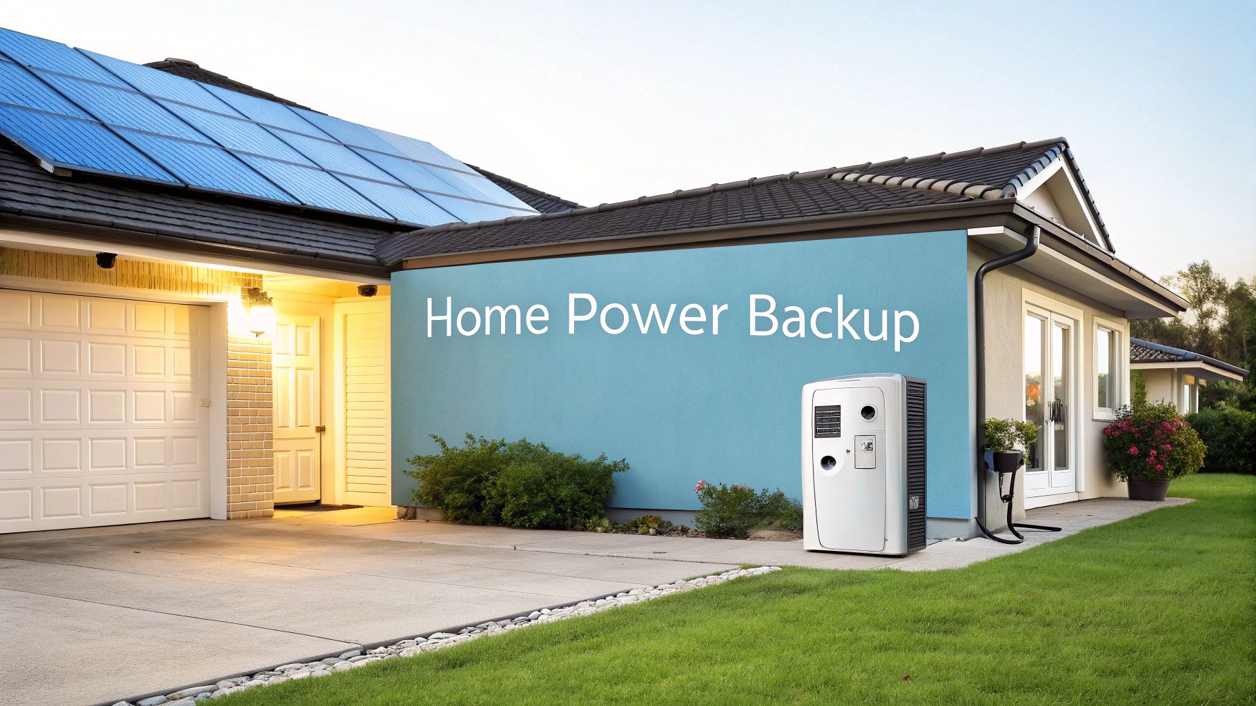 a blue wall on a residential home with the text 'home power backup'