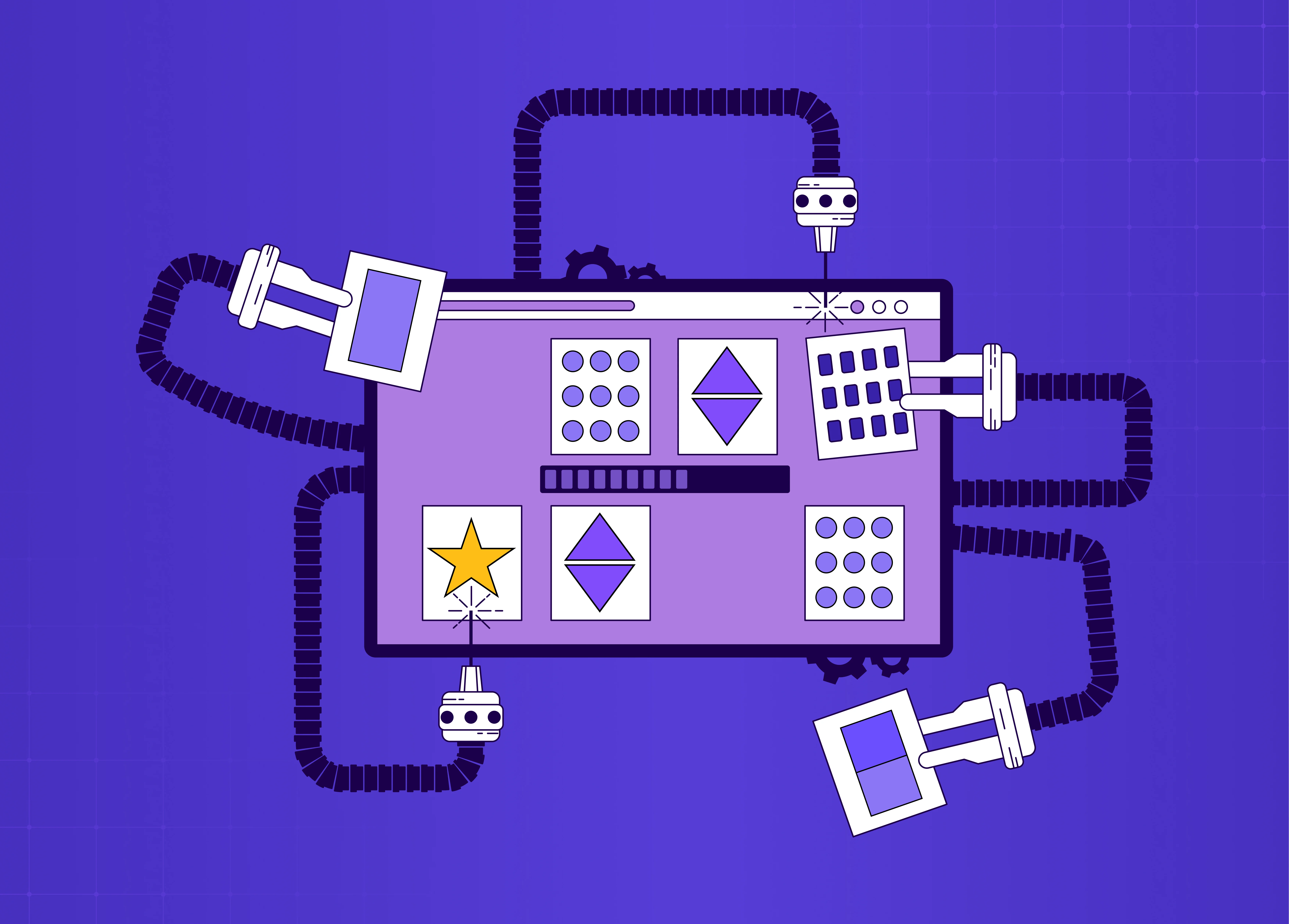 Illustration of a modular design system board connected with robotic arms, assembling UI components like cards, icons, buttons, and grids in a futuristic purple-themed interface.