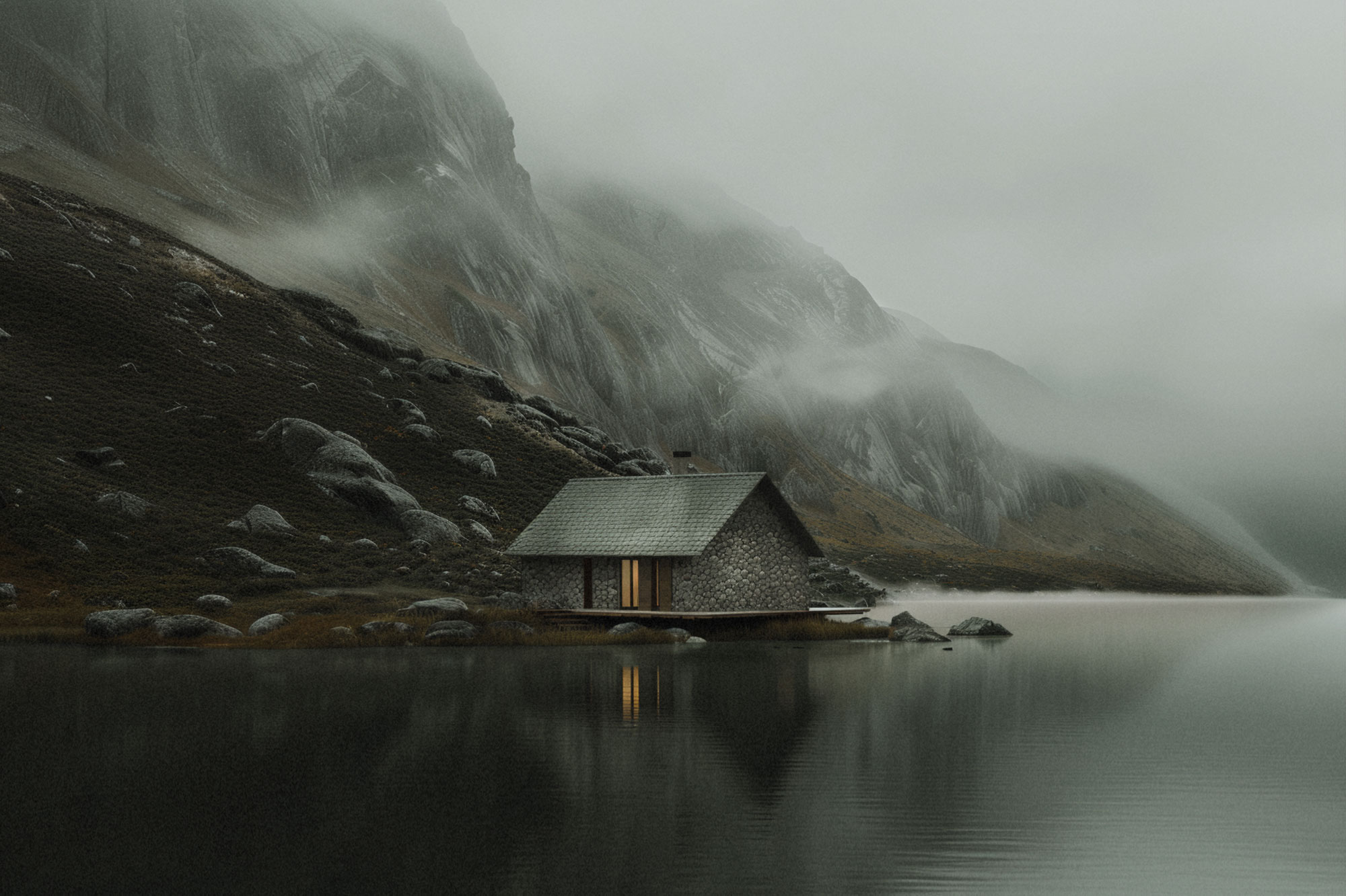 Stone boathouse with warm light reflected on a calm lake beneath misty cliffs.
