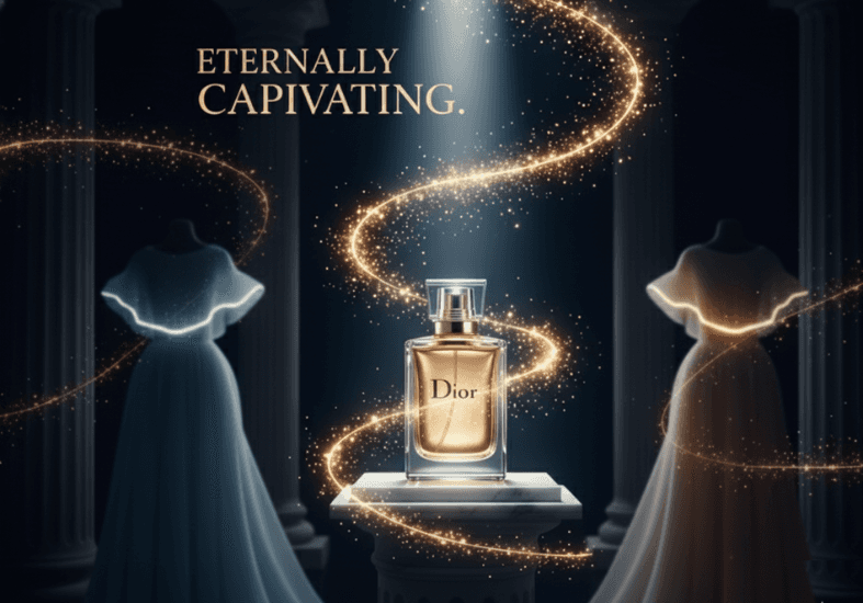 Elegant perfume advertisement visual created using AI, highlighting AI in luxury brand marketing.