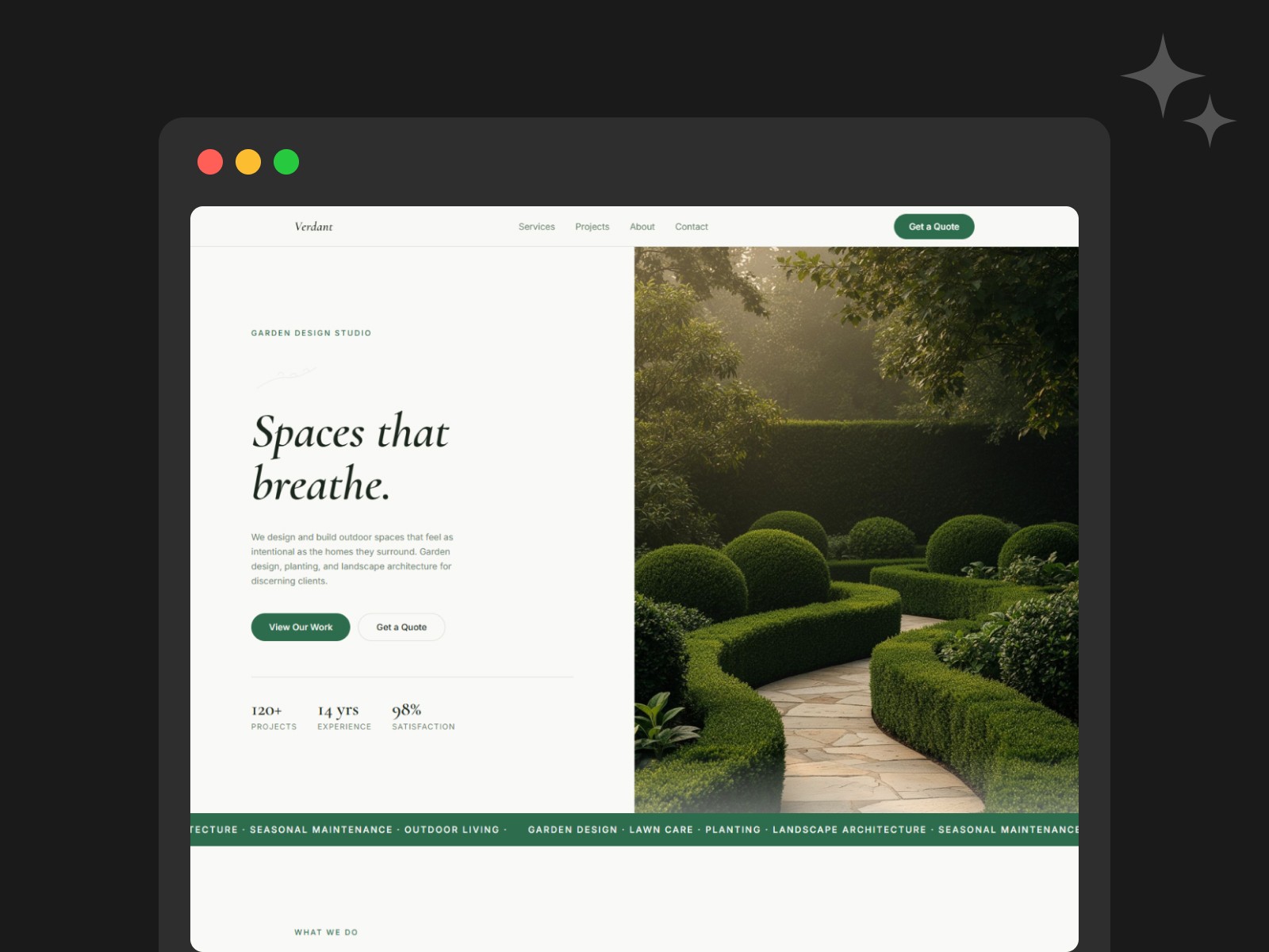 Landscaping Website Prompt preview — hero section with split layout, italic serif headline "Spaces that breathe", formal garden photography, stats row, and green marquee ticker