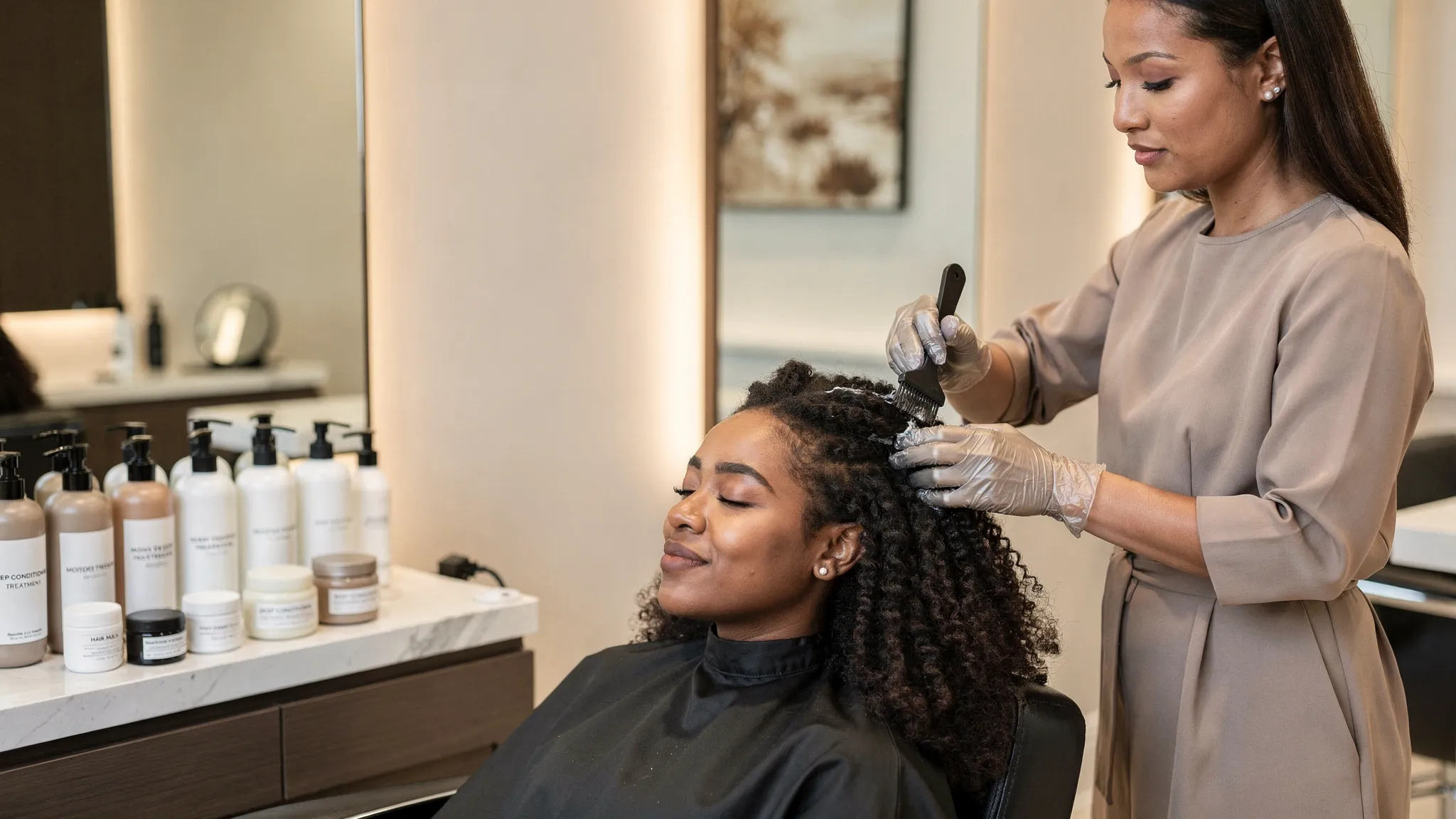 A stylist in an upscale salon applies a nourishing conditioning treatment to a client's textured hair while the client relaxes in the chair, with premium hair care products arranged neatly nearby.