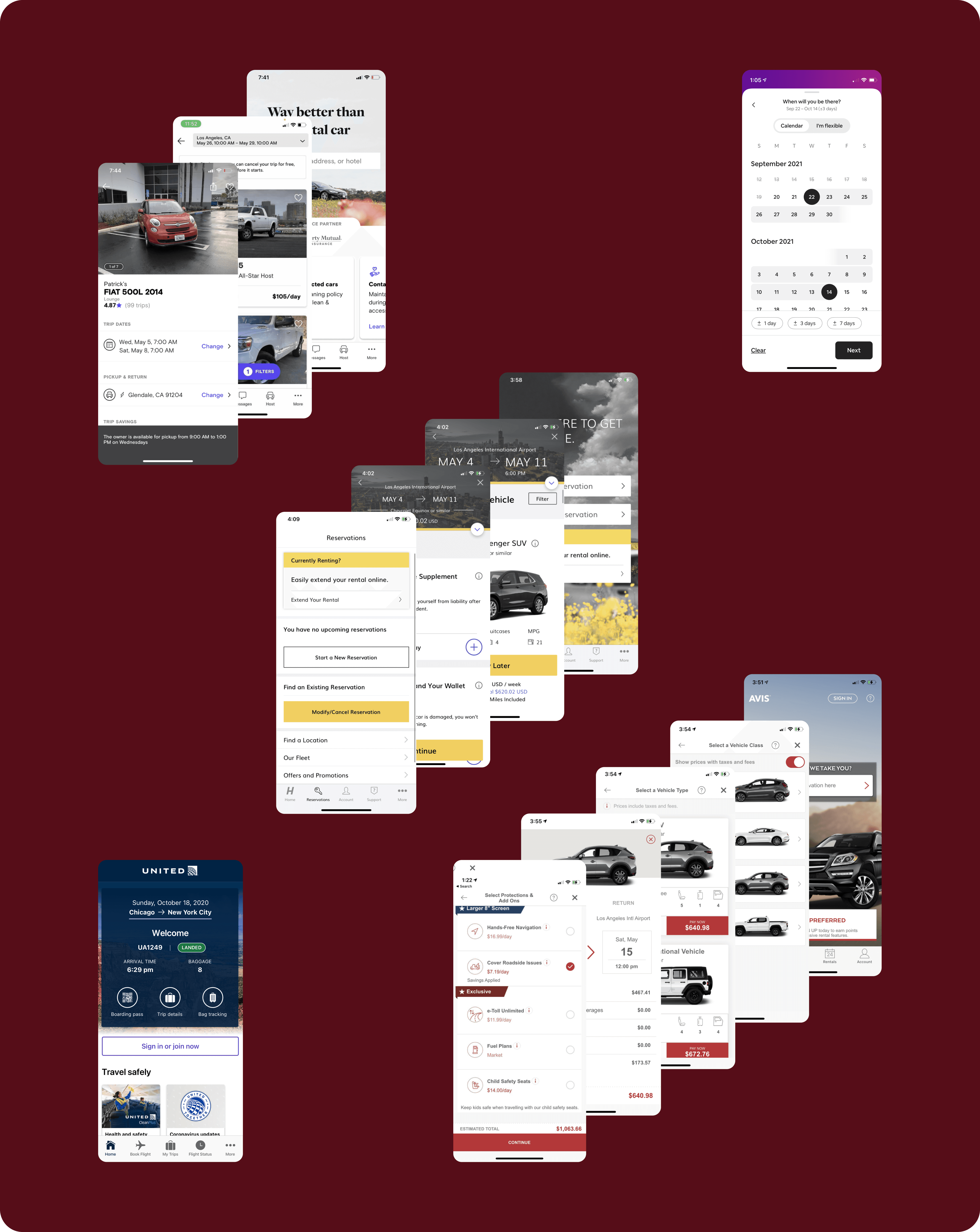 Competitor Analysis & Indirect Feature Hunting Screens showing Hertz, Turo, Avis, Airbnb, & United Airlines.