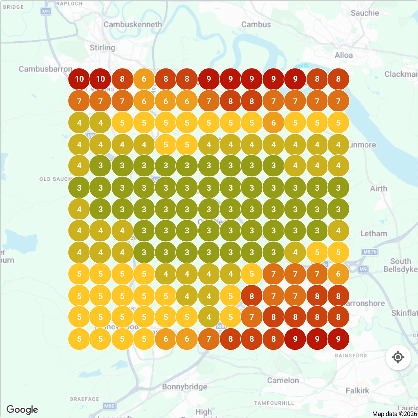 Local Falcon map scan for tree surgery in Stirling, 17 September 2026, showing Staleys Tree Solutions in the top 3 across the centre of the grid