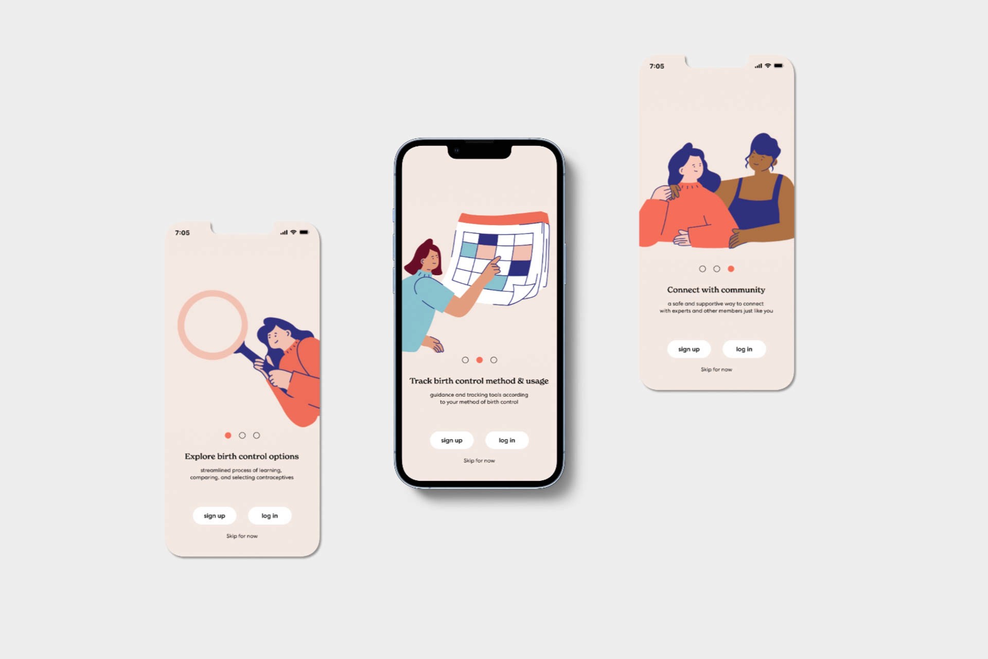 Three mobile screens display the interface of a birth control app. The leftmost screen shows a magnifying glass over a calendar icon and the text "Explore birth control options" and "Sign up." The center screen displays a calendar icon with a person interacting with it and the text "Track birth control method & usage" and "Sign up." The rightmost screen shows two people, one in a red shirt and the other in a blue shirt, with the text "Connect with community" and "Sign up." All screens include icons for login and sign-up at the bottom.