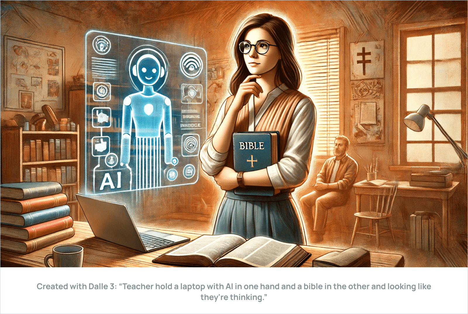 Created with Dalle 3: “Teacher hold a laptop with AI in one hand and a bible in the other and looking like they're thinking.”