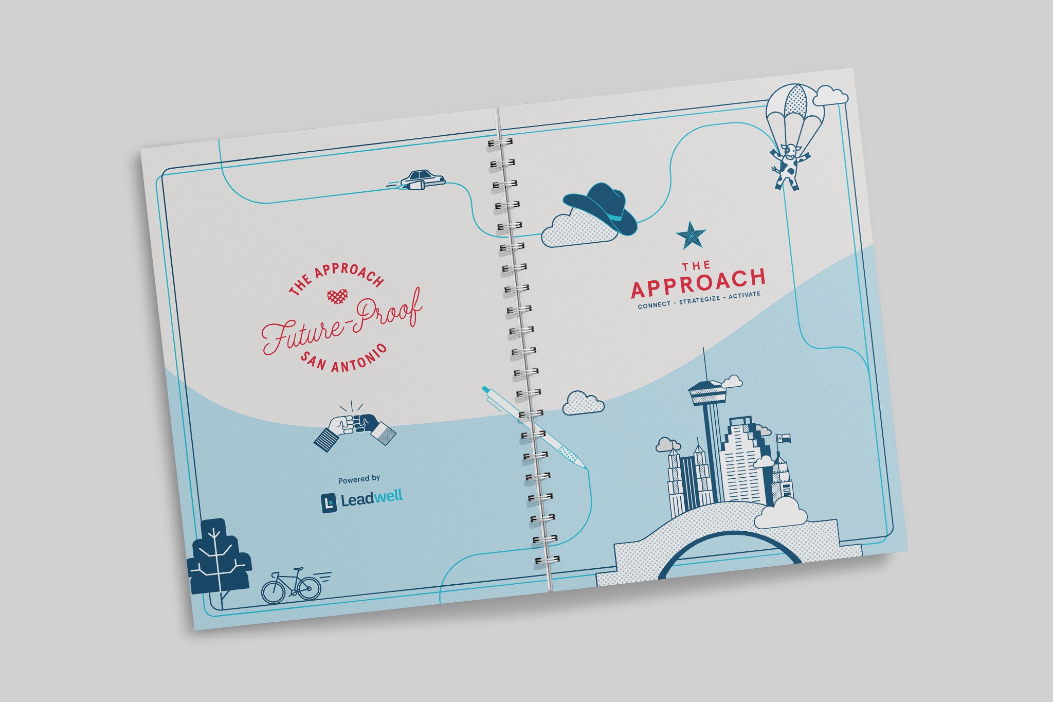 A high-fidelity mockup of the "The Approach 2026" Content Guide with silver wire-o binding. The white cover features a minimalist design with light blue and teal line art of the San Antonio skyline, a cow in a parachute, and local landmarks. The left panel displays the "Future-Proof San Antonio" logo in red script, and the right panel features the conference title, "THE APPROACH: Connect - Strategize - Activate," in bold red typography.