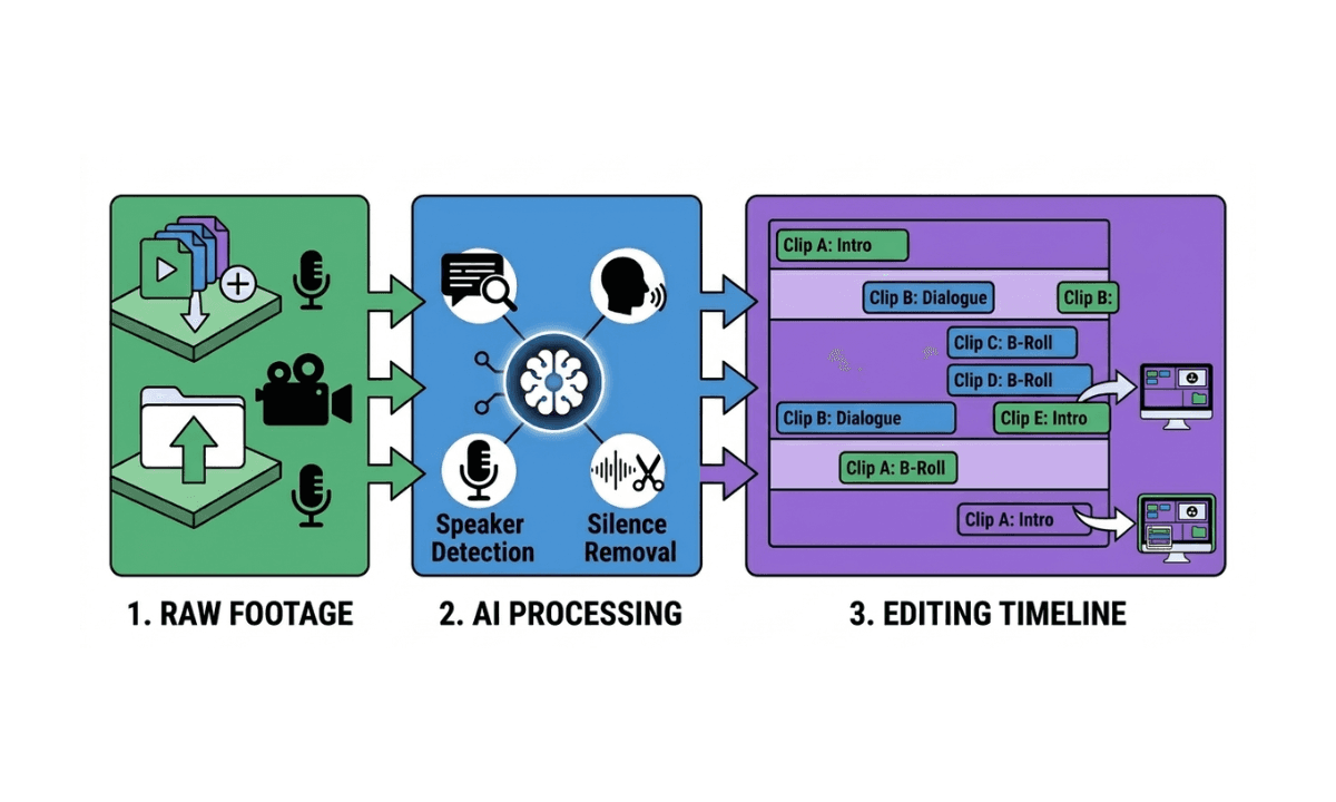 Three-stage AI pre-editing workflow diagram showing raw footage and audio files feeding into an AI processing layer with speaker detection and silence removal, outputting a labeled multi-track editing timeline