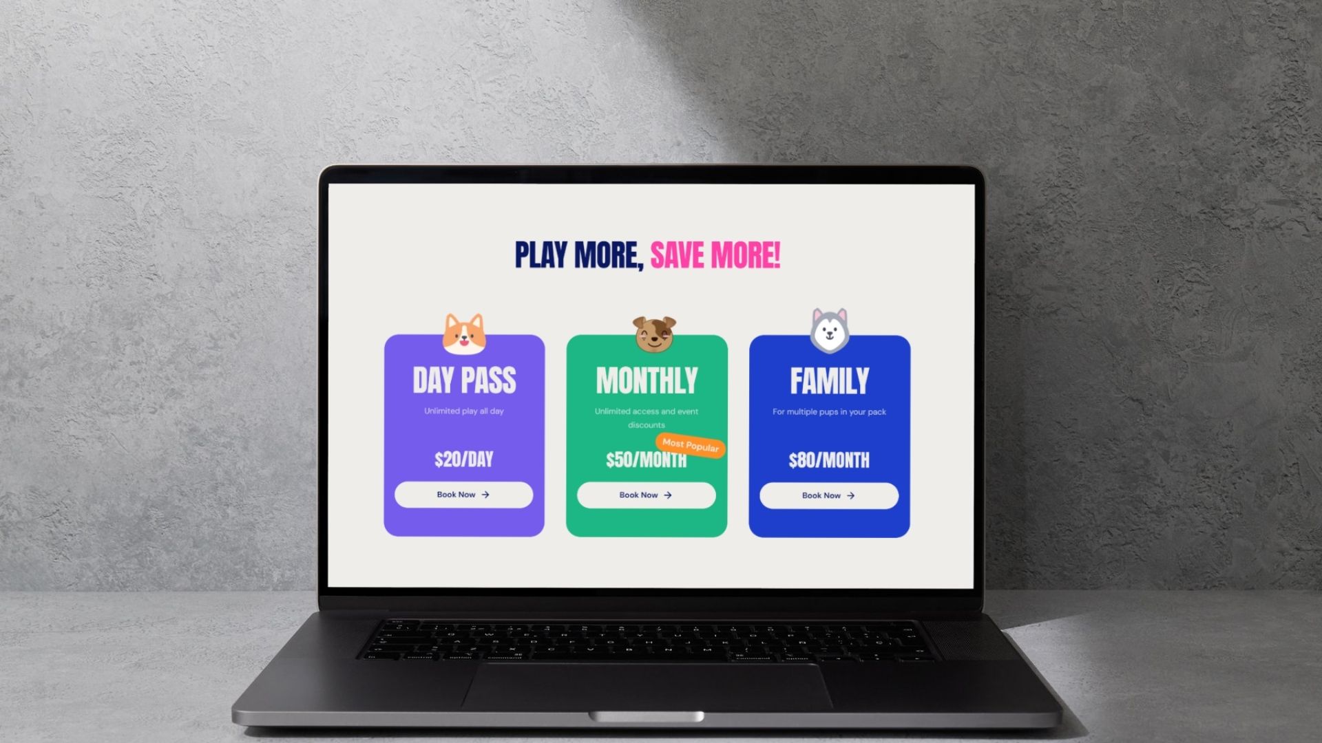 Pricing section designed for a dog park website created in Framer