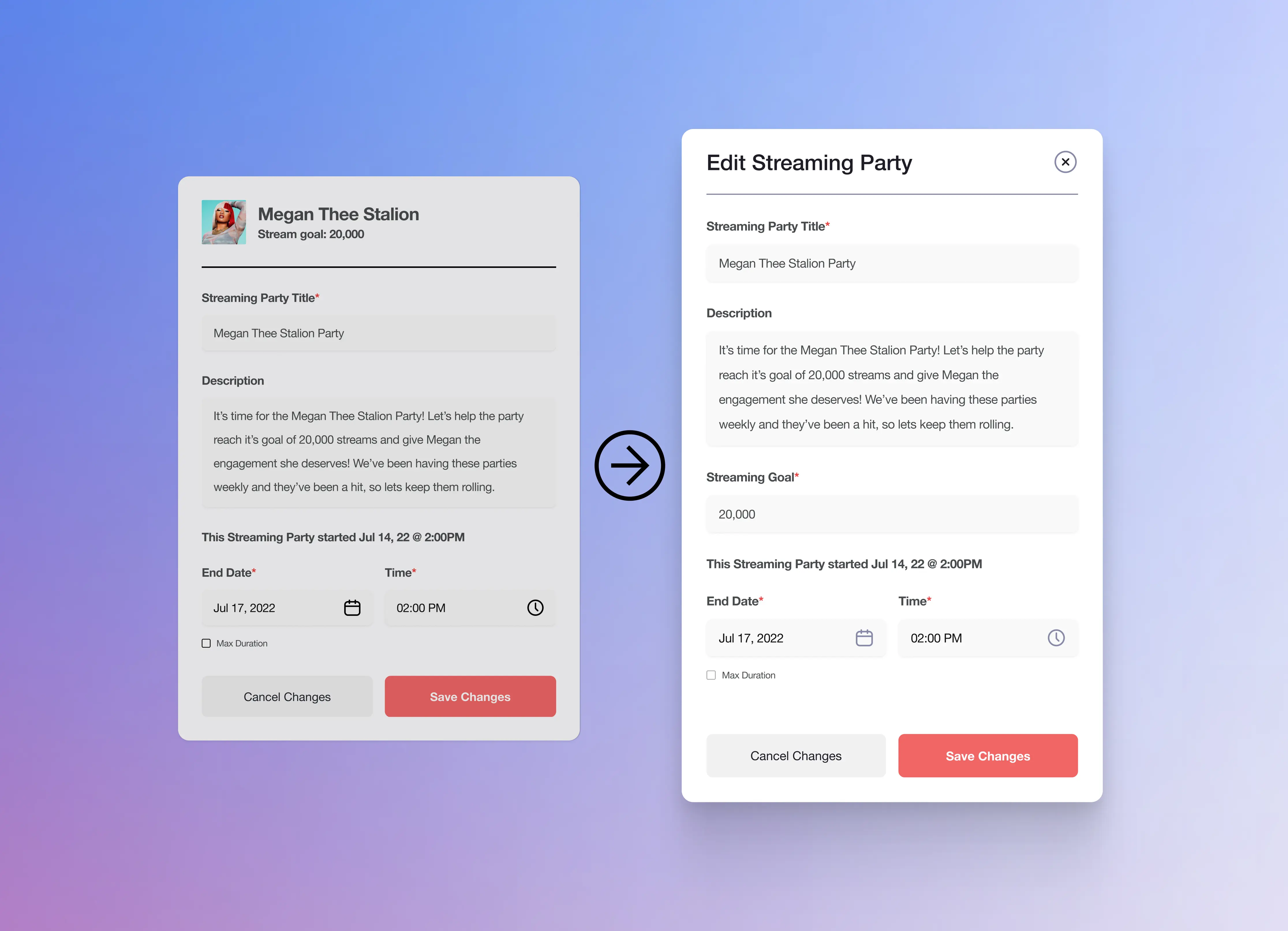 Before and after of the edit streaming party modal