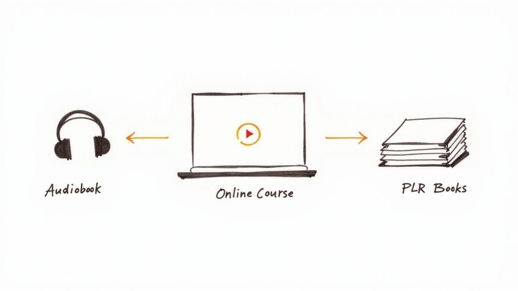 Diagram showing an online course converting into an audiobook and PLR books.