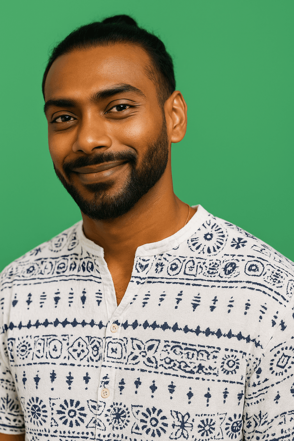 Man with manbun smiling