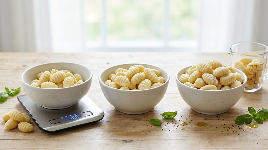 A clean, photorealistic nutrition comparison on a wooden table. Three white bowls are filled with different amounts of cooked potato gnocchi. The leftmost bowl rests on a digital kitchen scale displaying "100 g". The rightmost bowl is paired with a clear measuring glass marked "1 cup", illustrating the difference between gnocchi portion sizes measured by weight versus volume.