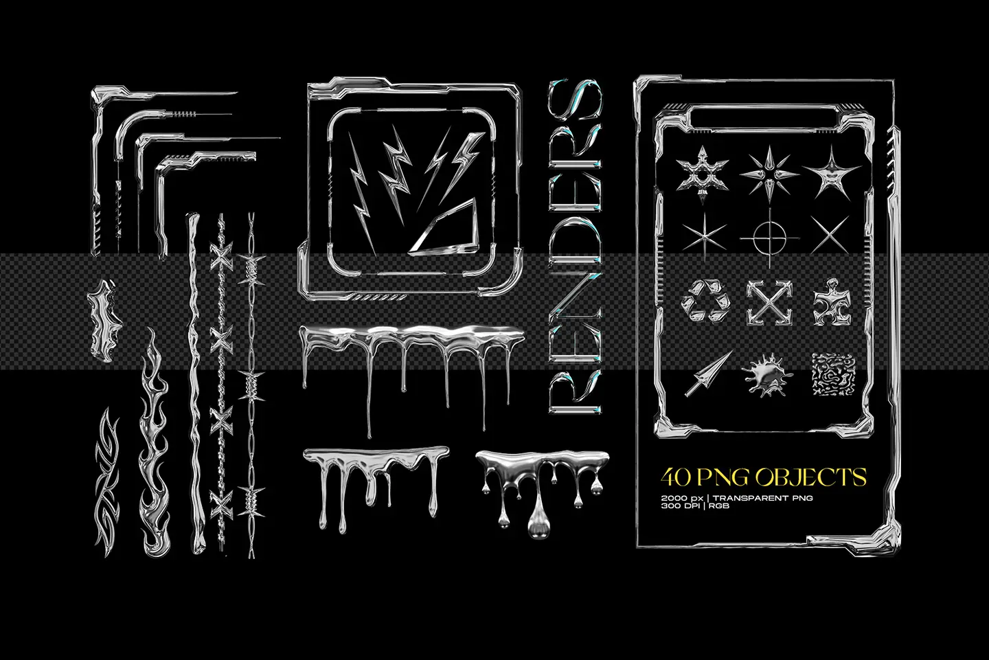 Chromatic Toolkit set of forty chrome 3D renders including futuristic frames liquid drips and stars