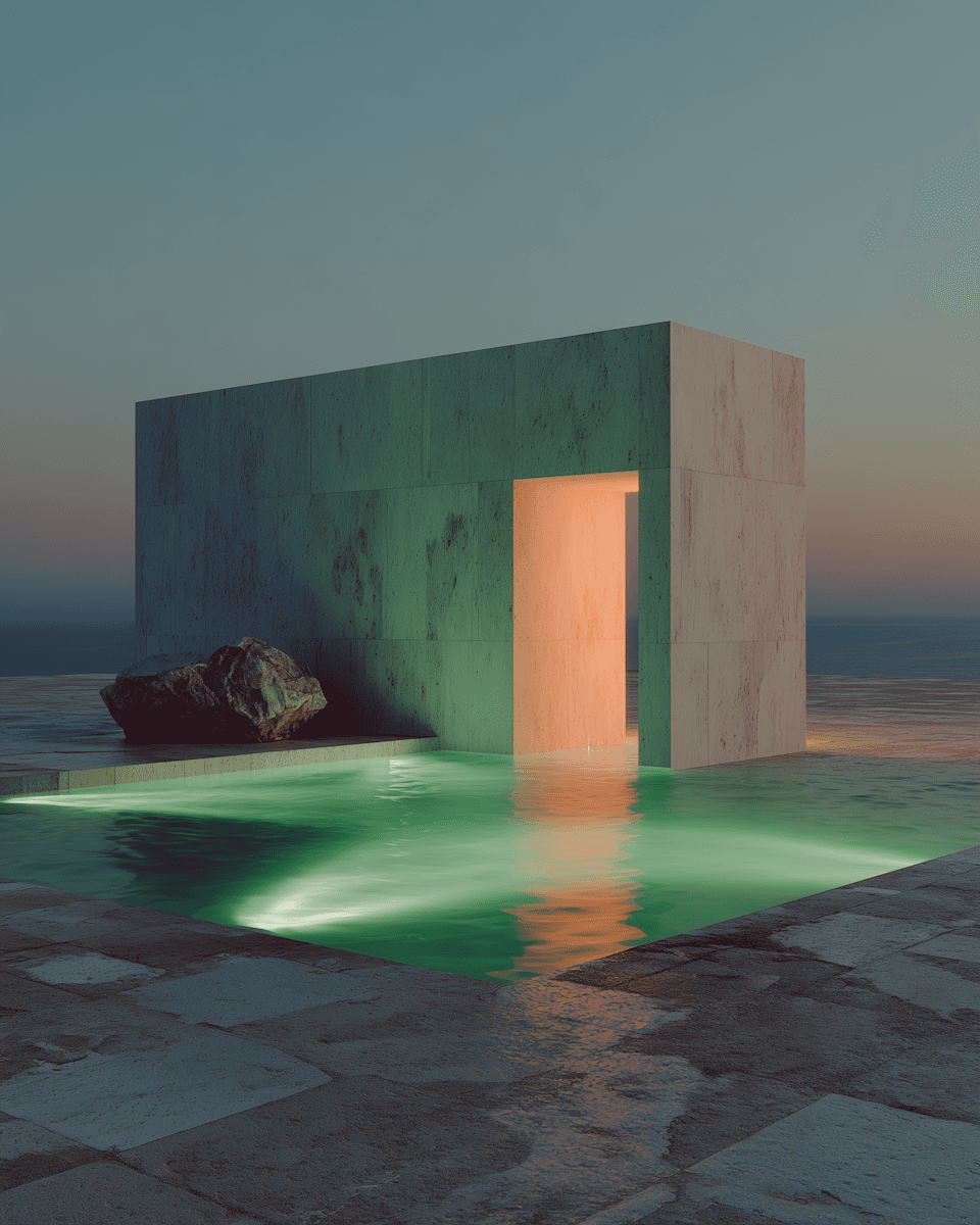 Architectural corridor with atmospheric sunset reflection