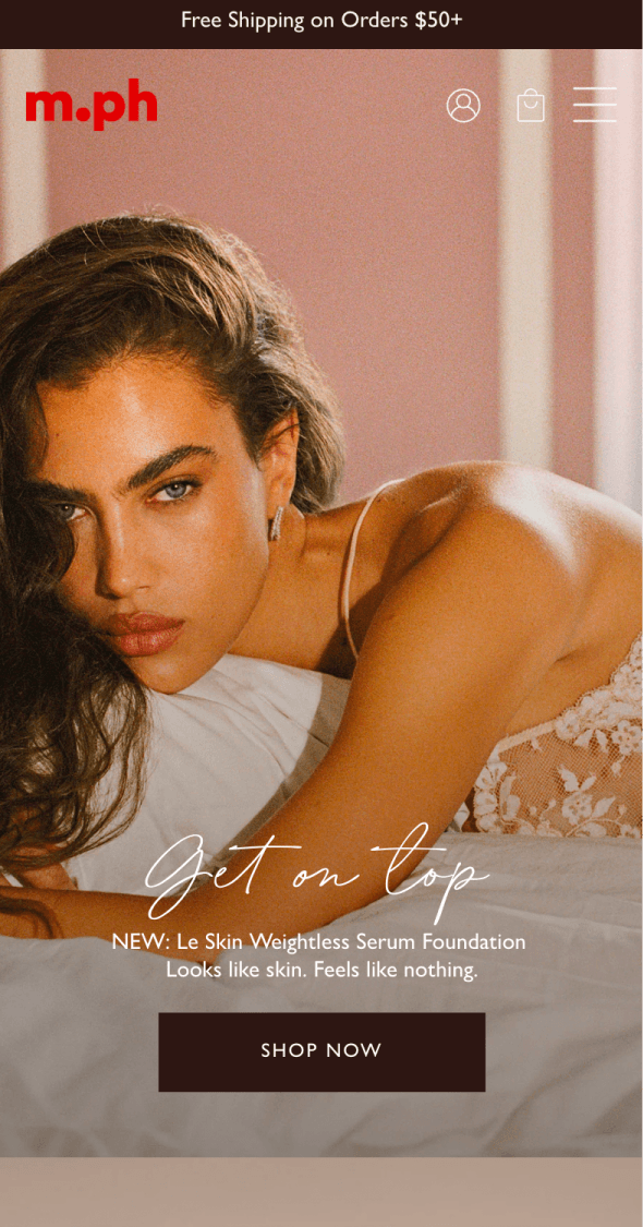 Mobile homepage for m.ph beauty featuring campaign banner and model imagery